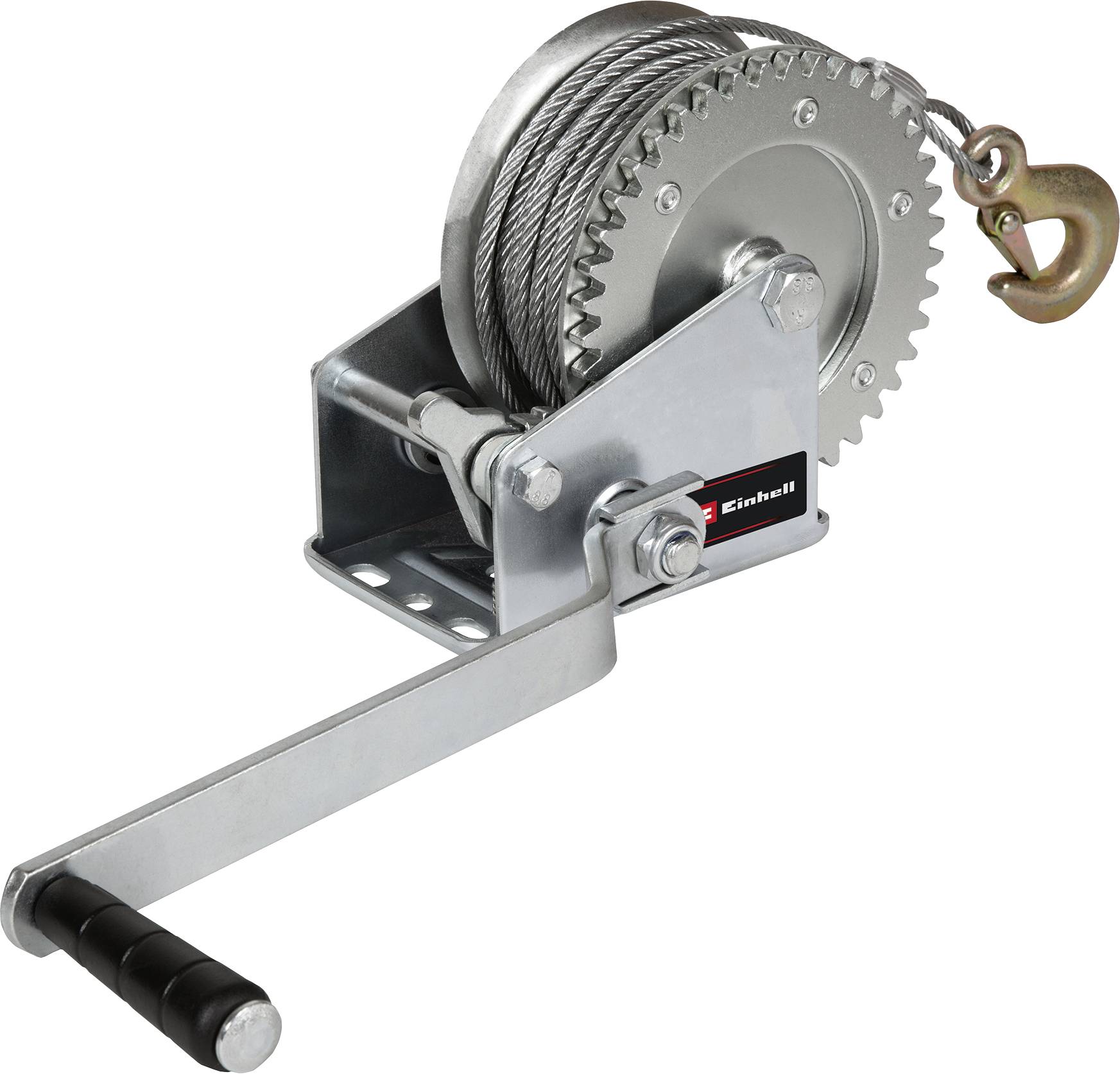 Manual metal hand winch with crank and hook; used for lifting heavy loads.