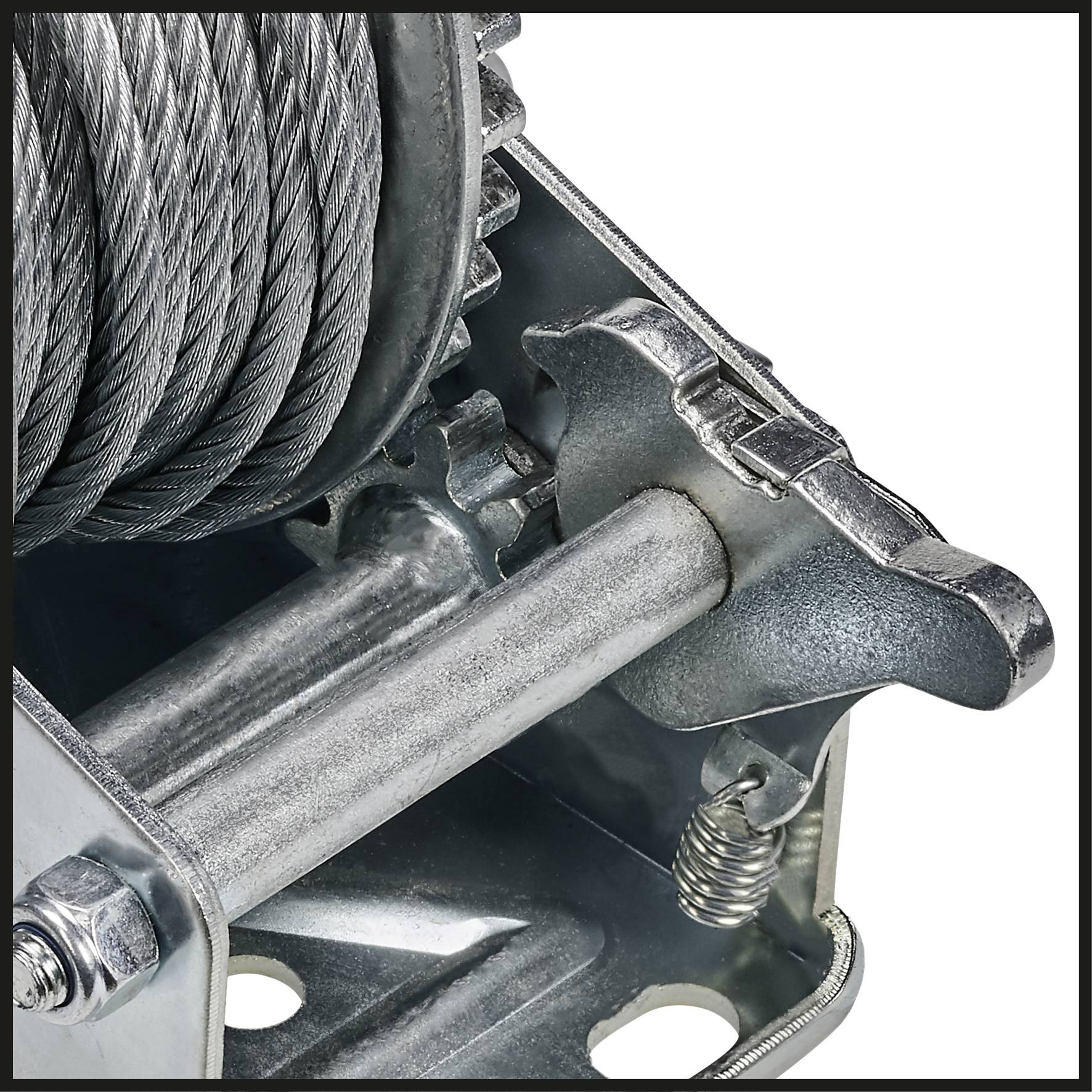 Close-up of a silver winch with a metal cable, focused on the mechanics and steel components.