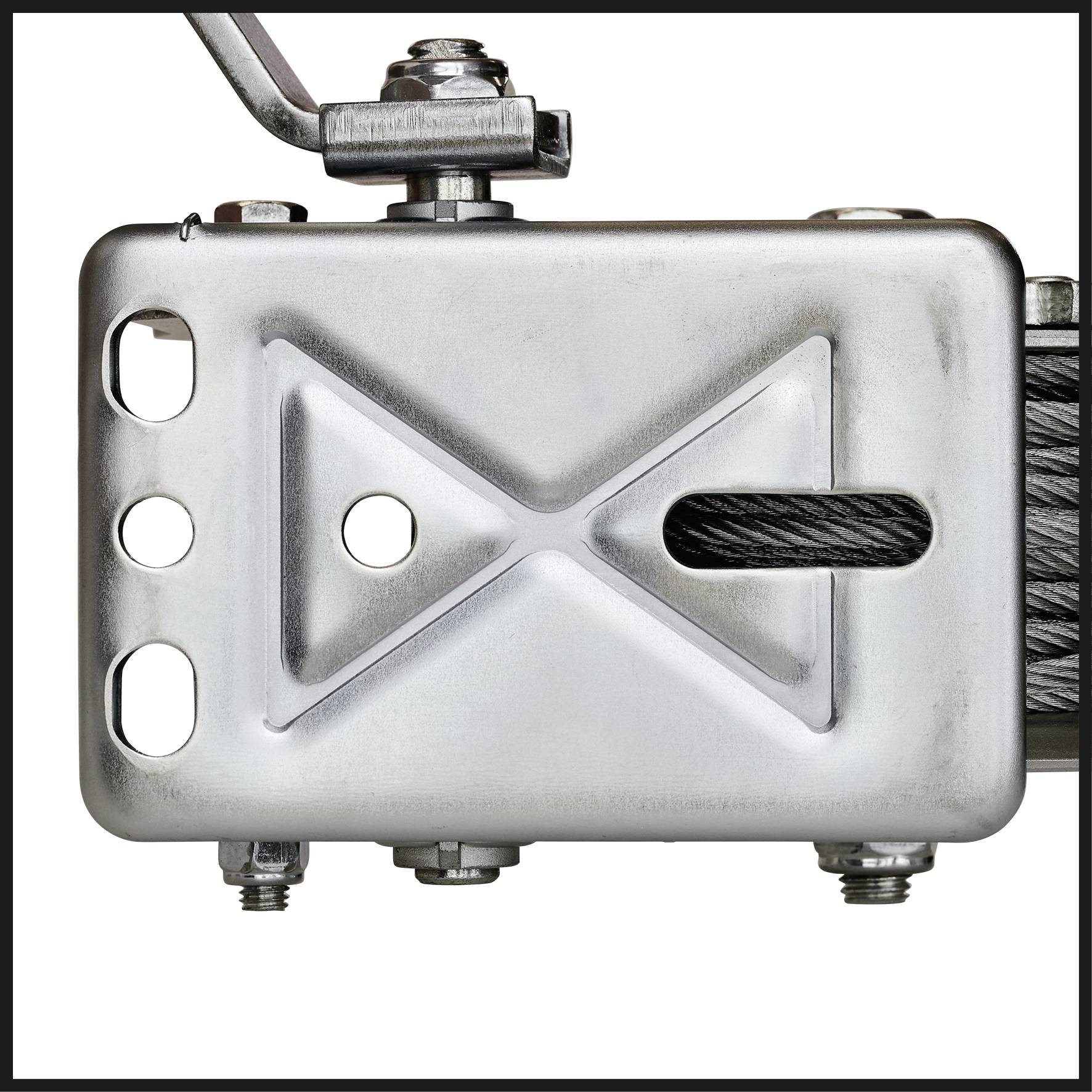 Metal plate with cable entry and mounting mechanisms. Used for stabilising and tensioning cable structures.