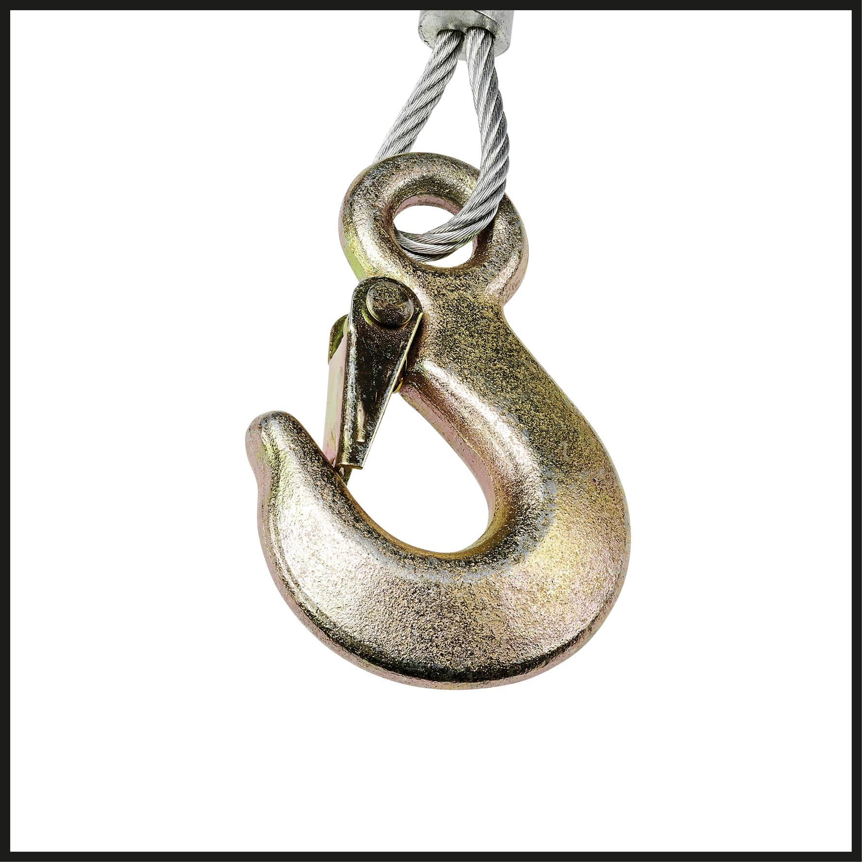 A metal hook is attached to a rope. The hook has a shiny, bronze surface and is robustly designed.