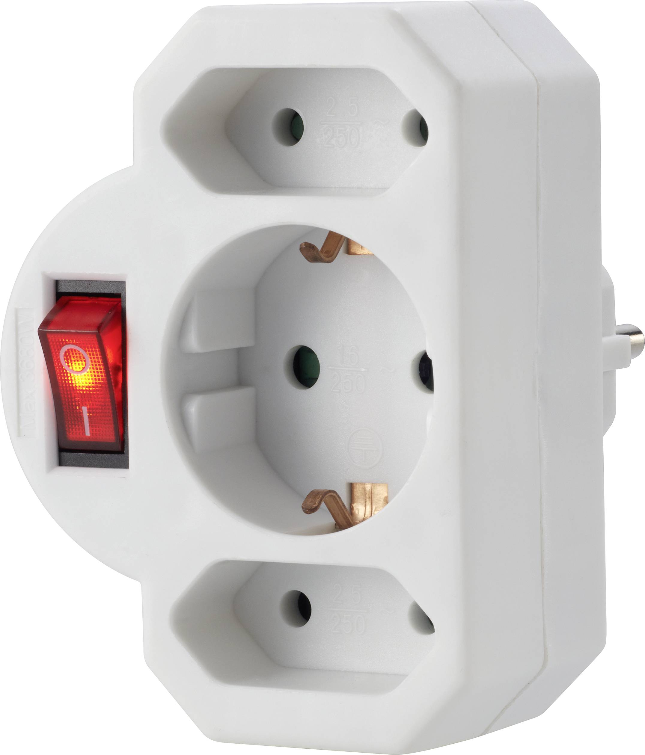 A white socket adapter with three plug sockets and a red on/off switch. Suitable for extending electrical socket capacity.