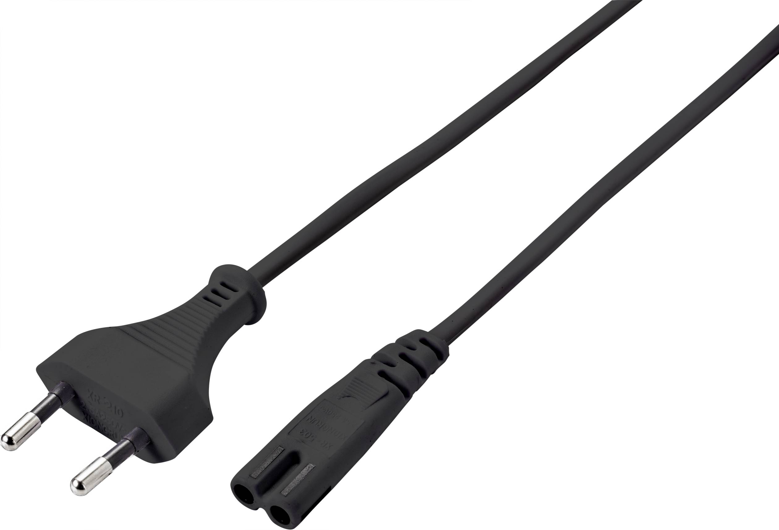 A black Euro mains cable with two round plugs and one end with two socket connections.