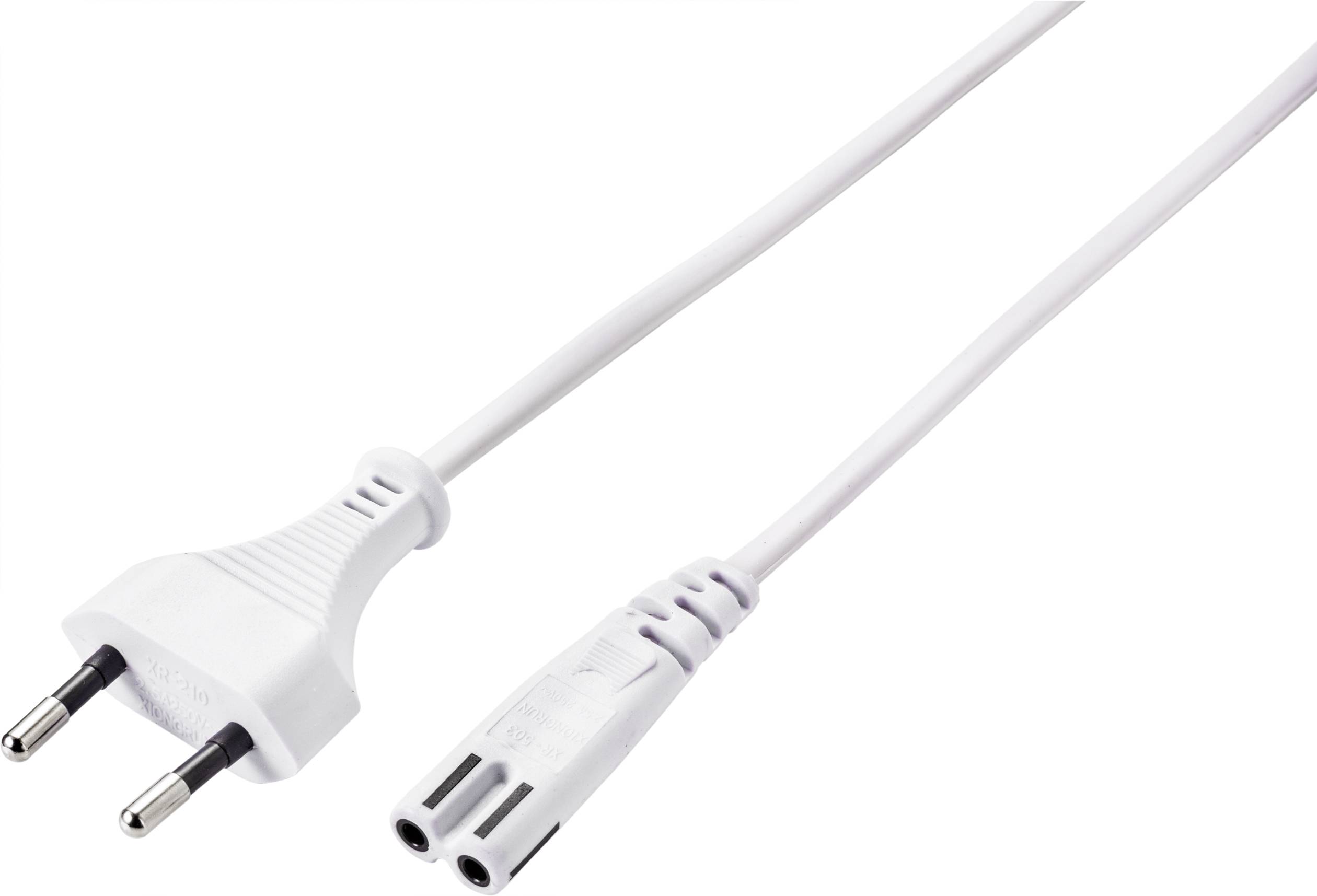 A white mains cable with a Europlug on the left side and a two-pin socket plug on the right side.