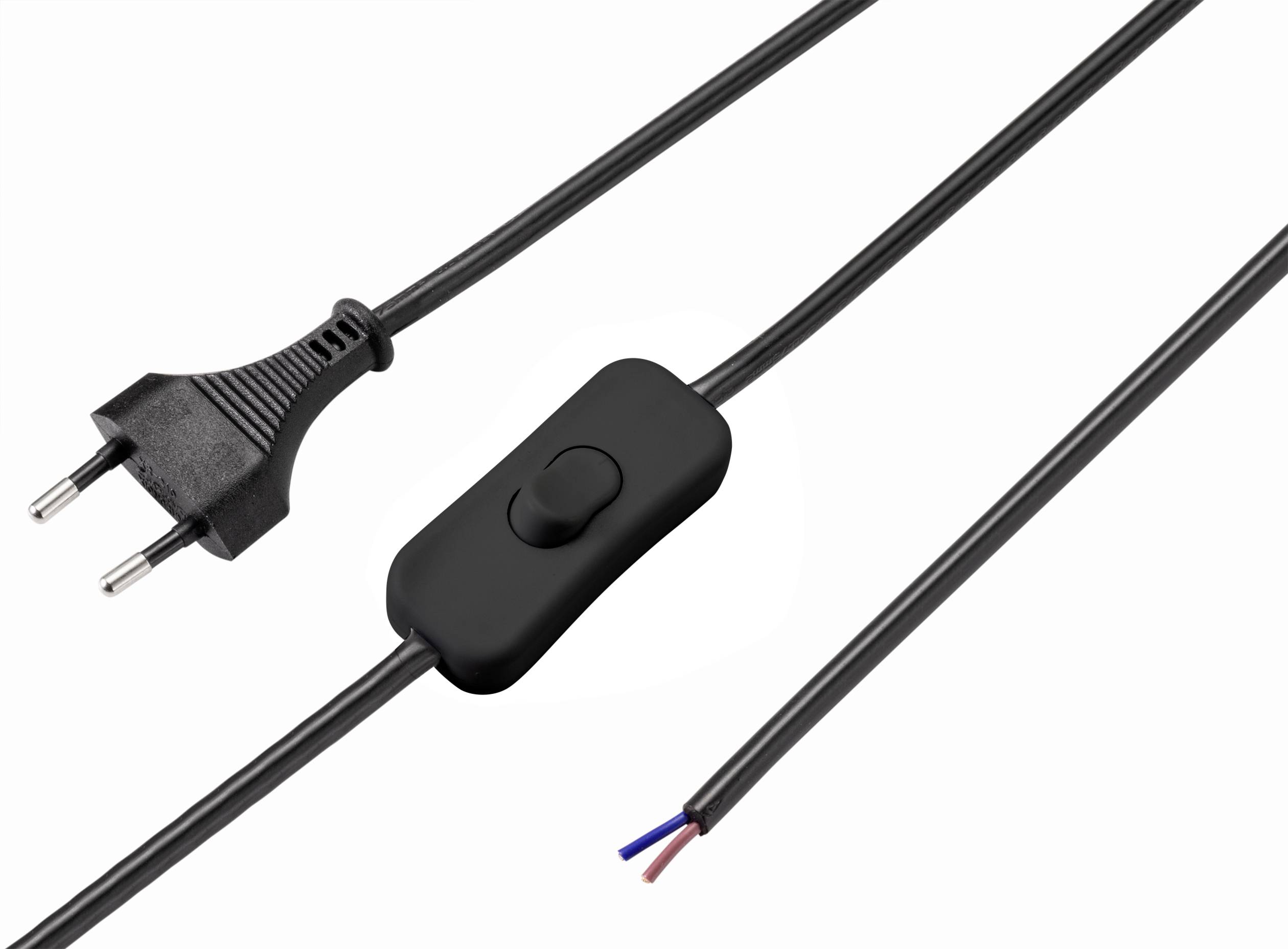 Black electrical cable with European plug, integrated rocker switch, and stripped ends, ready for installation or connection.