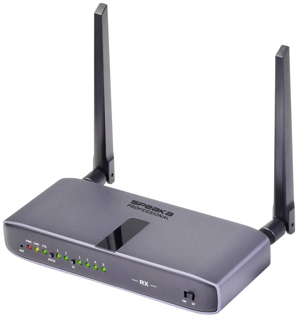 A black router with two antennae displays status LEDs for Power, Link, and Mode. The device is set against a white background.