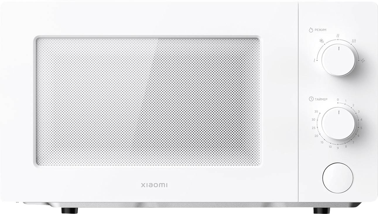 White microwave with three rotary knobs for controlling function, temperature, and timer.