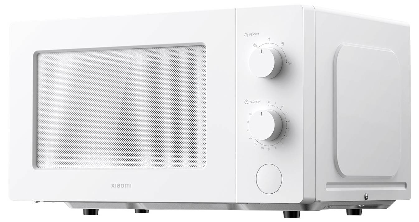 White microwave with two rotary knobs on the right-hand side.