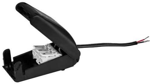 An opened black cable connector with exposed wires. Suitable for connecting electrical cables.