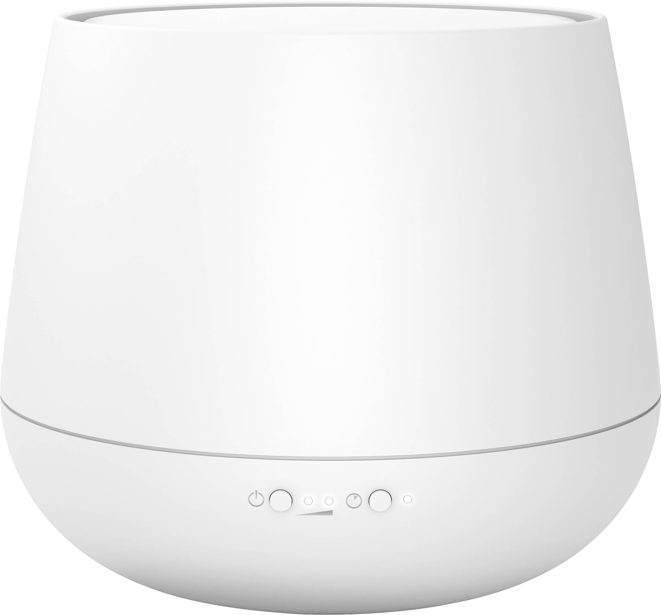 A simple white electric air humidifier with a round, modern shape and control buttons on the front.