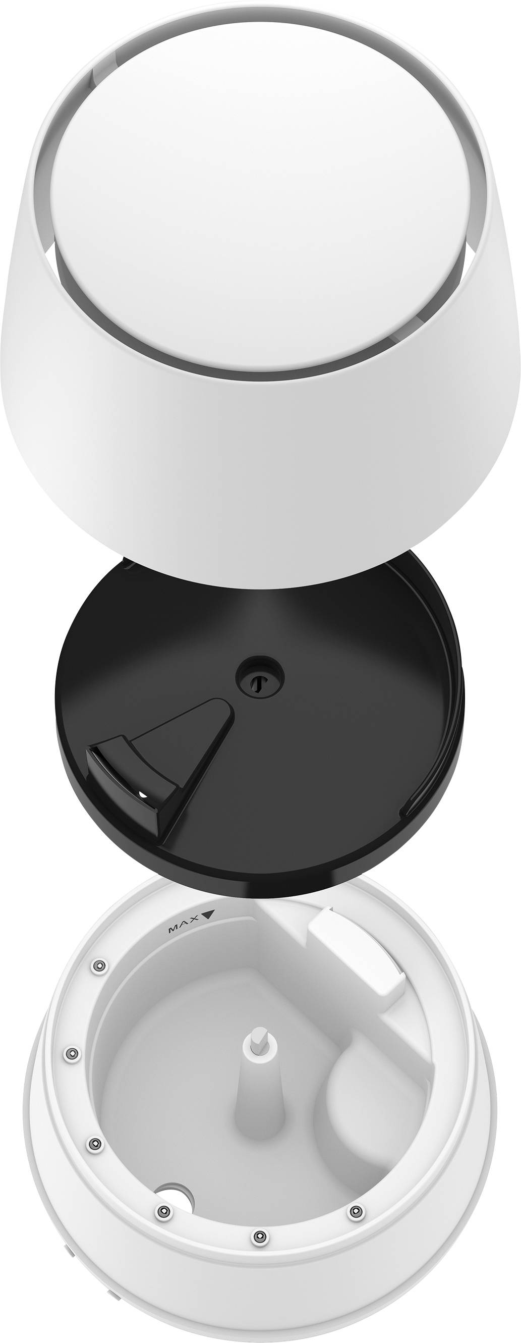 Exploded view of a circular technical device with three layers: top layer white, middle layer black, bottom layer white.