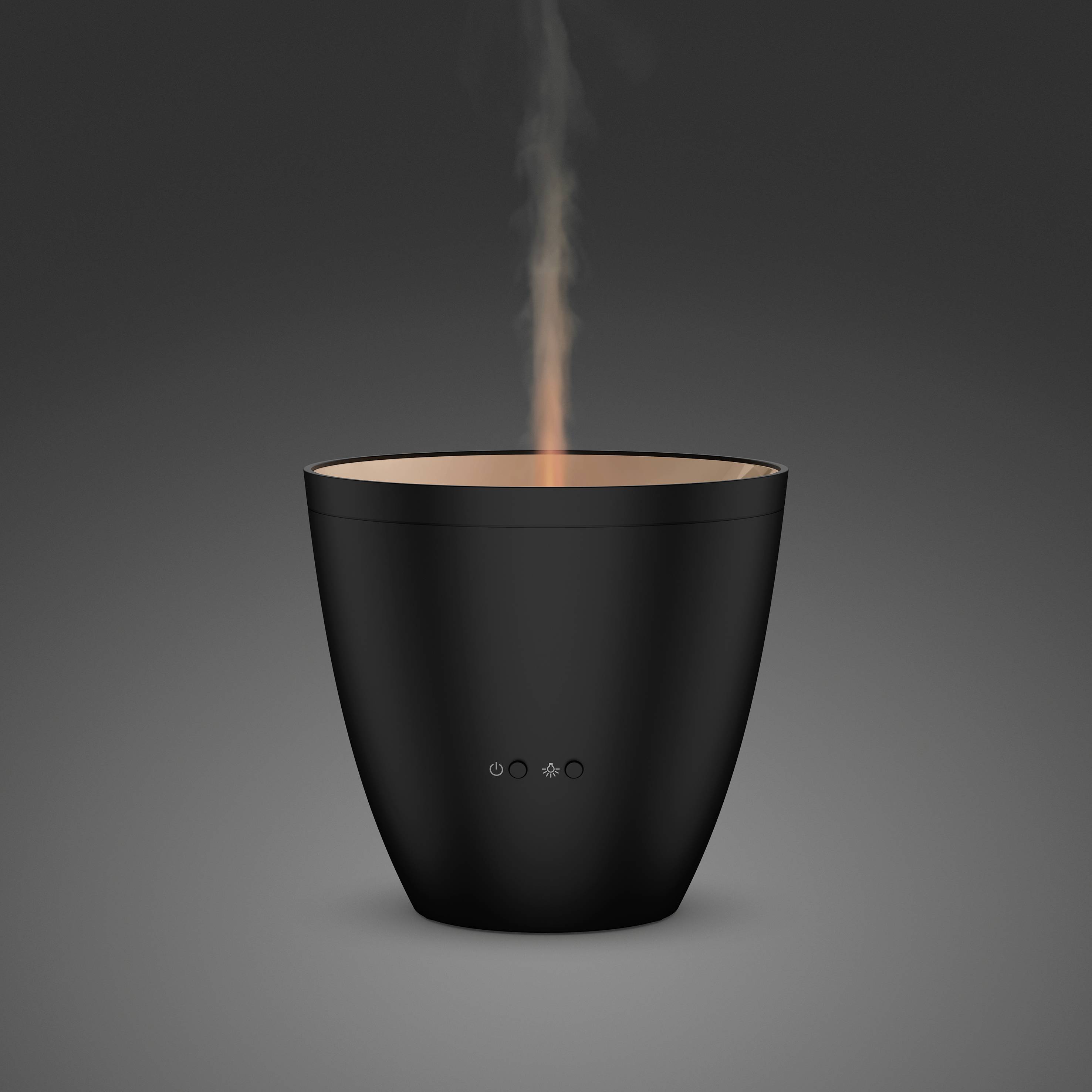 A black, modern humidifier with glowing warm vapour rising upwards. Ideal for a stylish interior atmosphere.