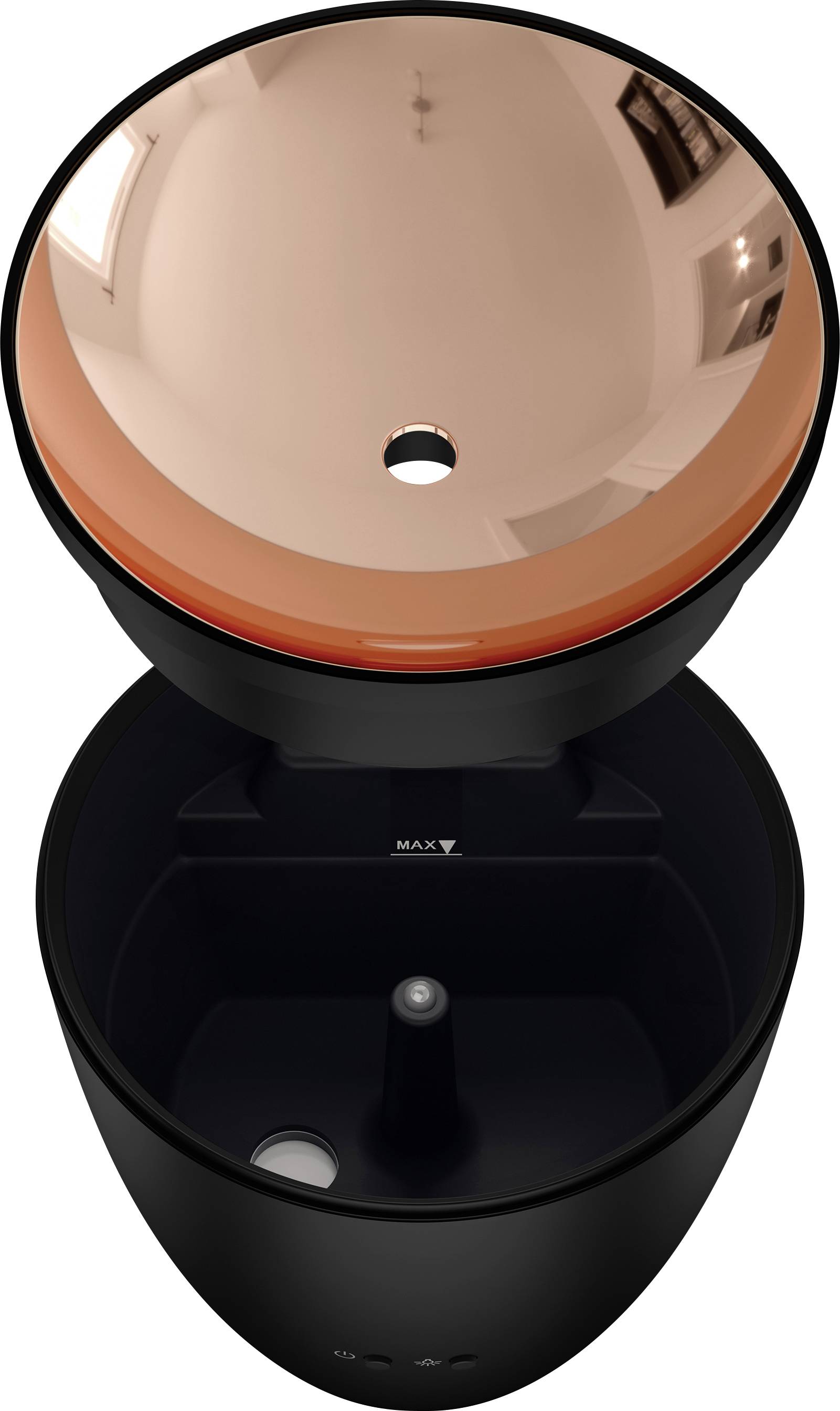 A black and copper coffee brewer with an open lid reveals the water container and the maximum fill level marking inside.