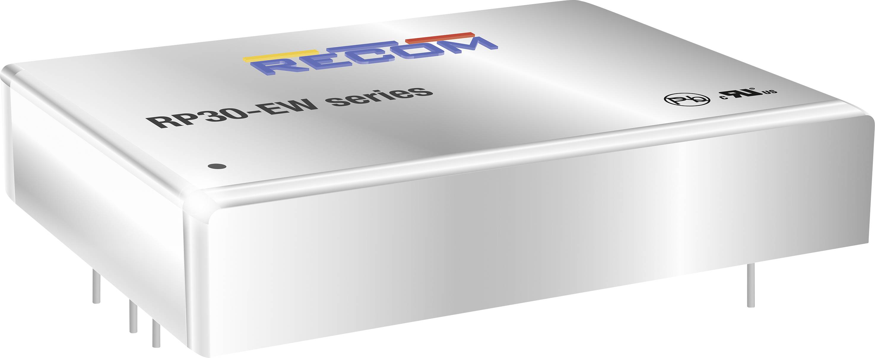 Metallic enclosure of an RP30-EW series current transformer by RECOM, with visible connections on the underside.