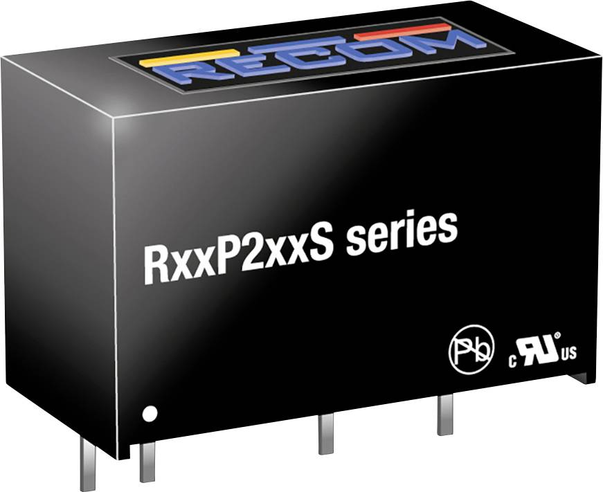 Black electronic component with 'RxxP2xxS series' inscription, 'RECOM' logo at the top, technical symbols on the right-hand side.
