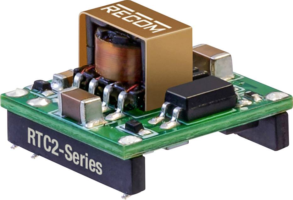 An electronic module labelled 'RTC2-Series' with the company logo 'RECOM'. It displays components on a green printed circuit board.