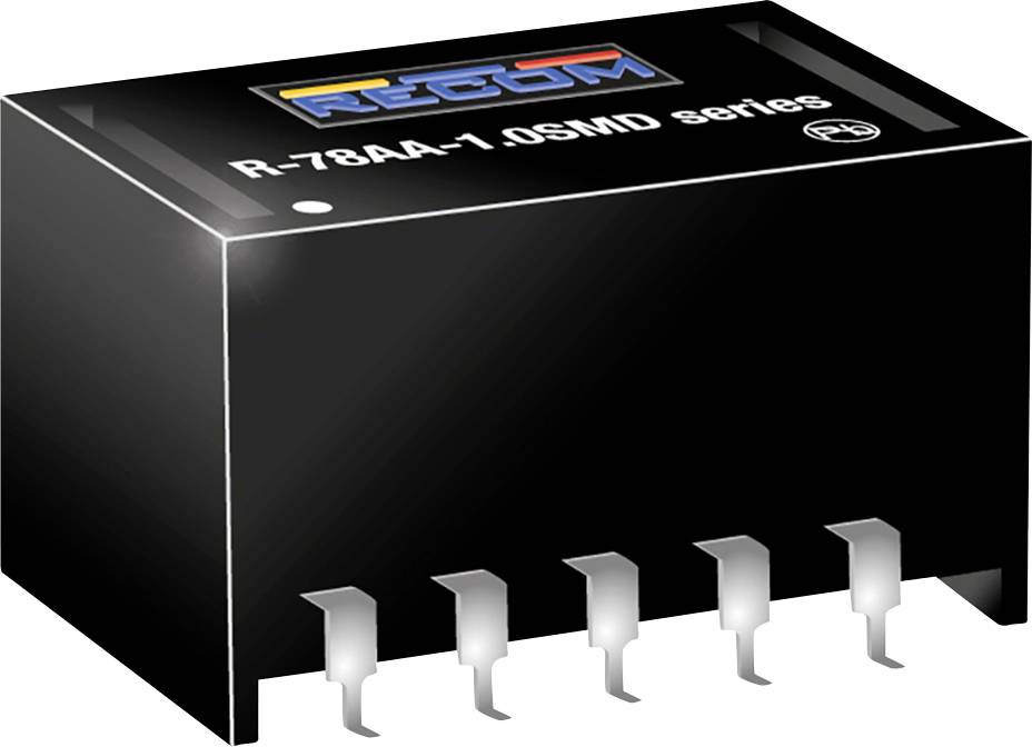 'RECOM R-78AA-1.0SMD series' voltage regulator, black housing, six silver contacts, for electronic circuits.