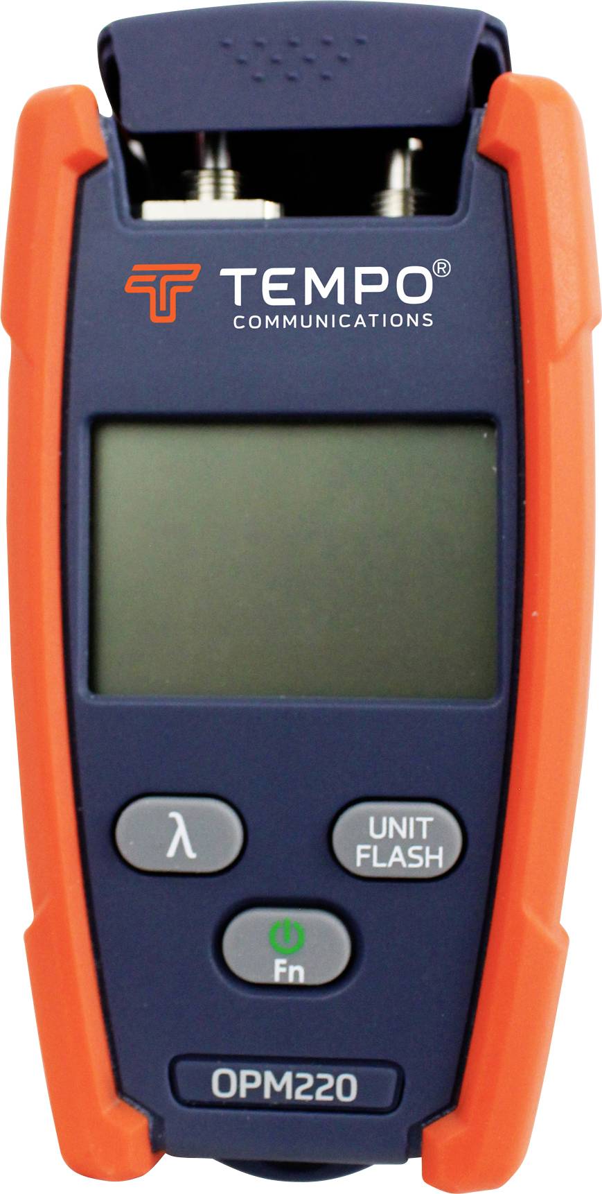 A Tempo brand optical power meter, Model OPM220, with orange sides and multiple buttons on the front panel.