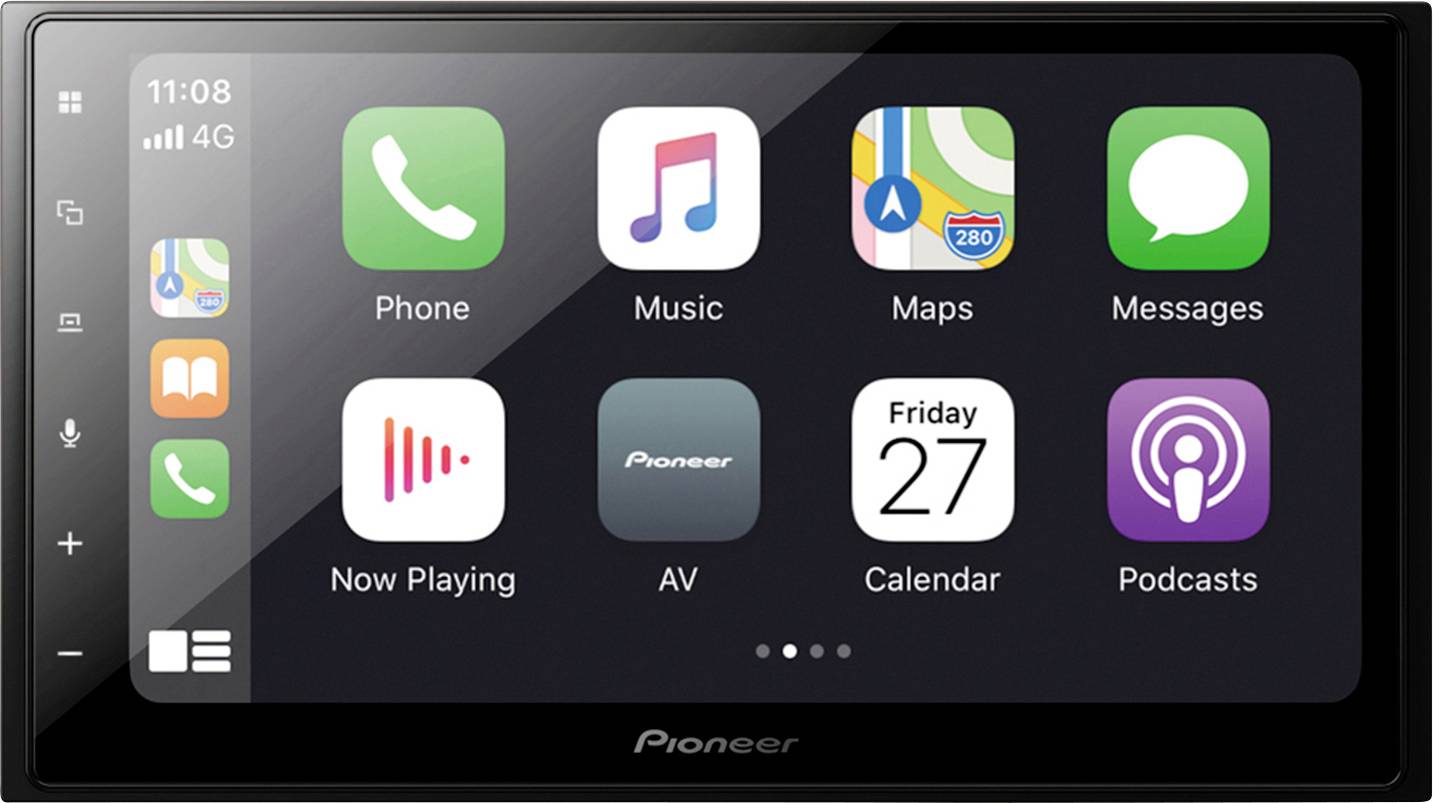 A screen displays apps such as Phone, Music, Maps, Messages, Calendar, and Podcasts on a car radio display.