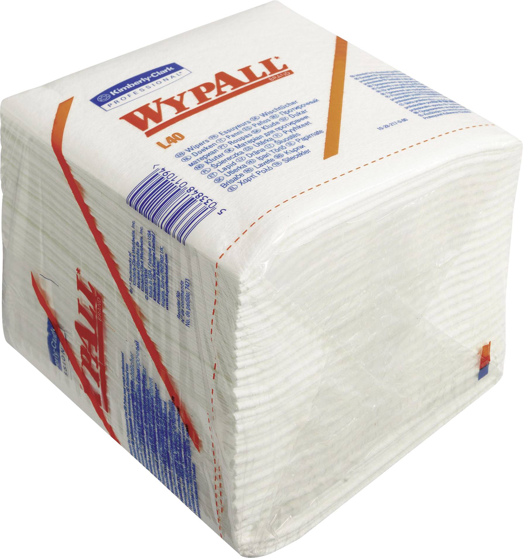 A pack of 'WypAll' cloths by Kimberly-Clark, 140 pieces. White, square cleaning wipes, packaged in plastic, for cleaning purposes.