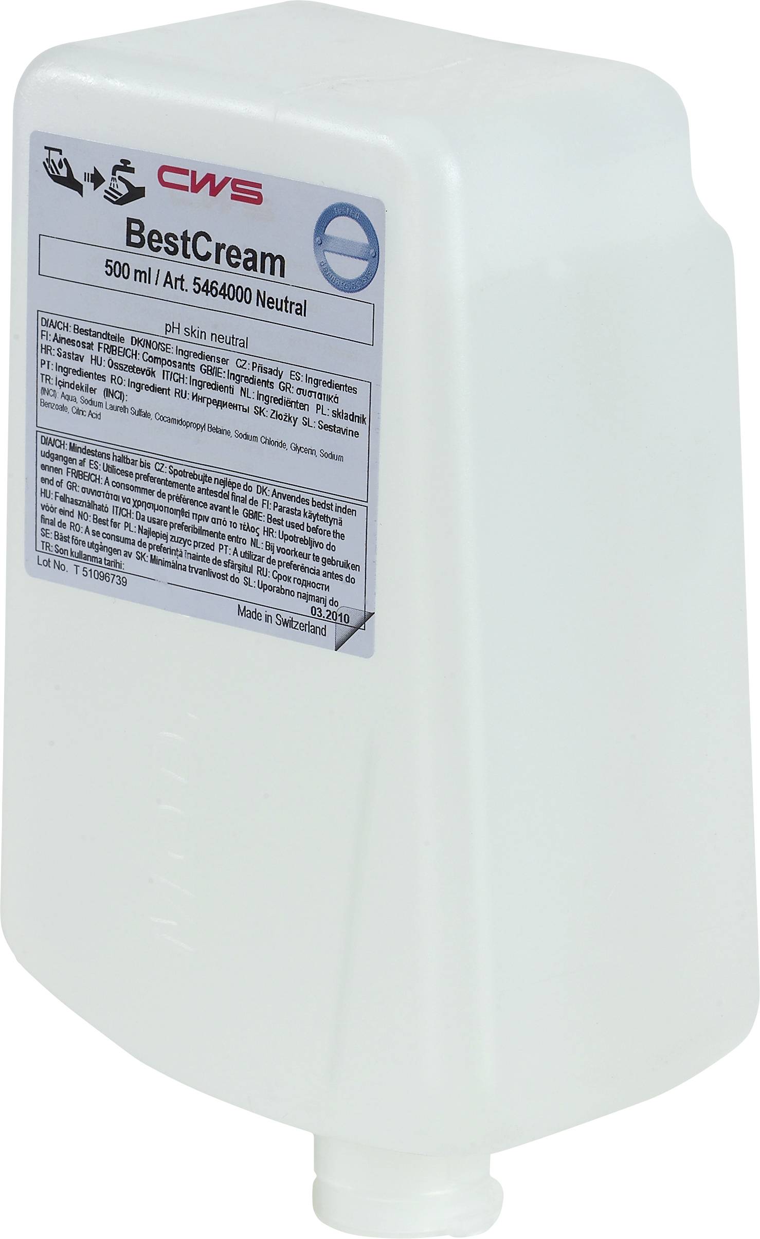 A white plastic refill bottle for 'CWS BestCream', 500 ml, with a label displaying product information and ingredients.