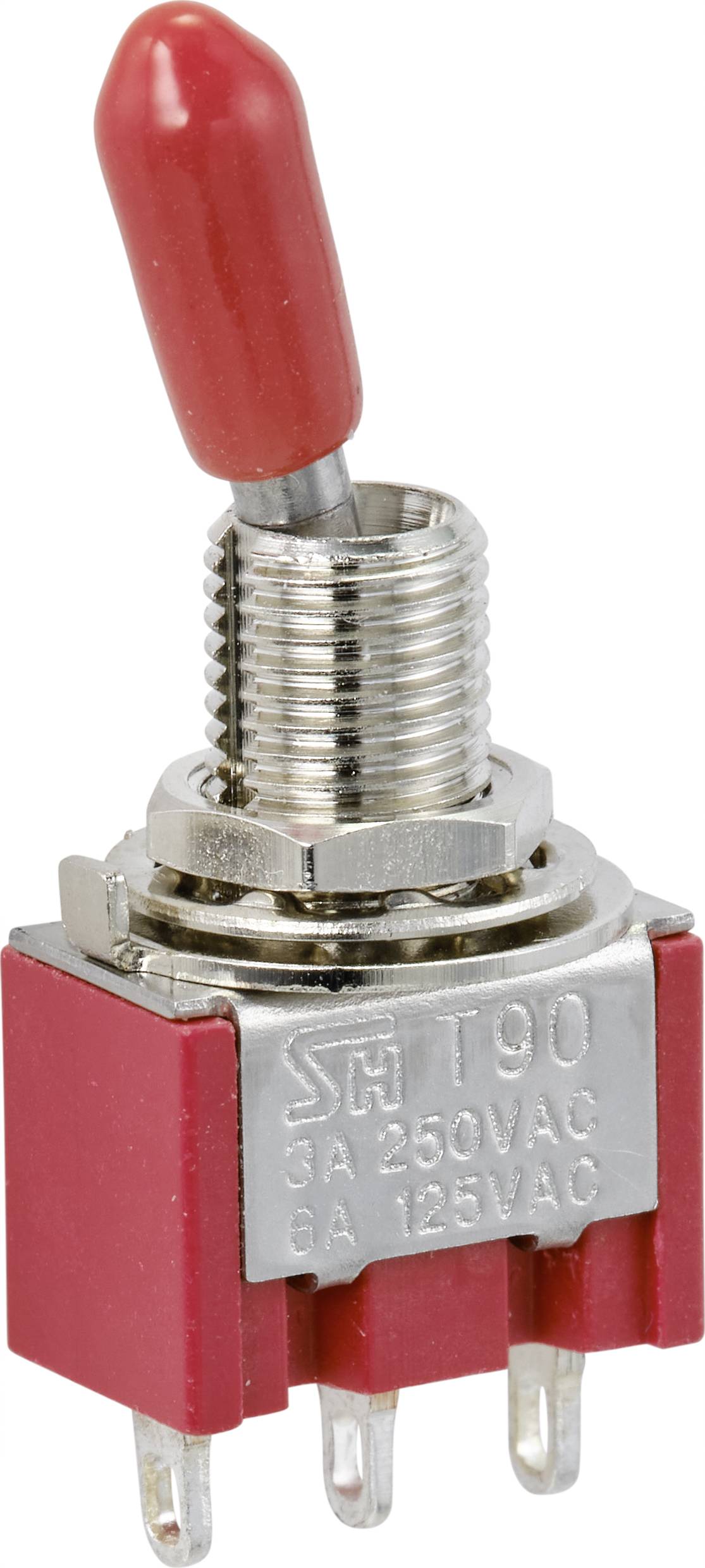 Red toggle switch with three metal contacts, suitable for 3A 250VAC and 6A 125VAC, mounted on a red housing.