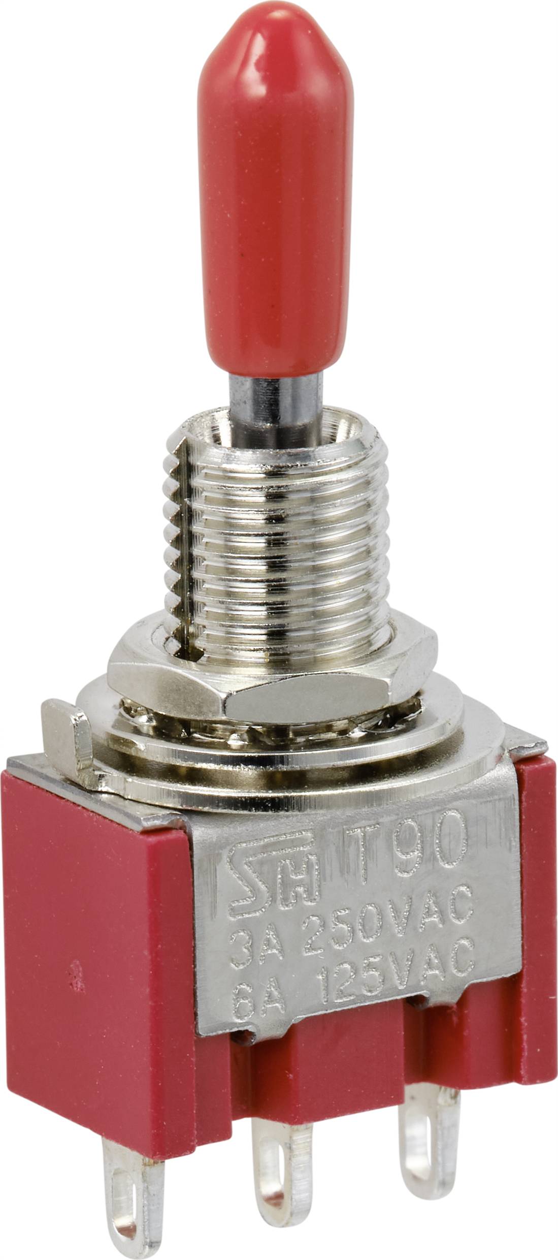 Red toggle switch with metal thread and three terminals. Text on the switch indicates voltage and current values.