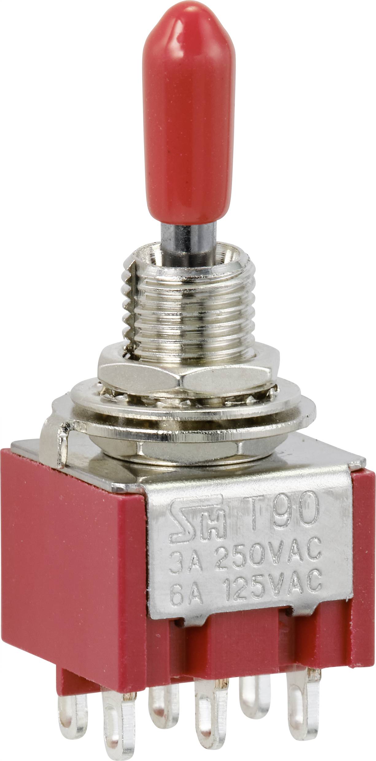 A red toggle switch with metal threading and multiple connection pins. Suitable for 3A 250VAC or 6A 125VAC.