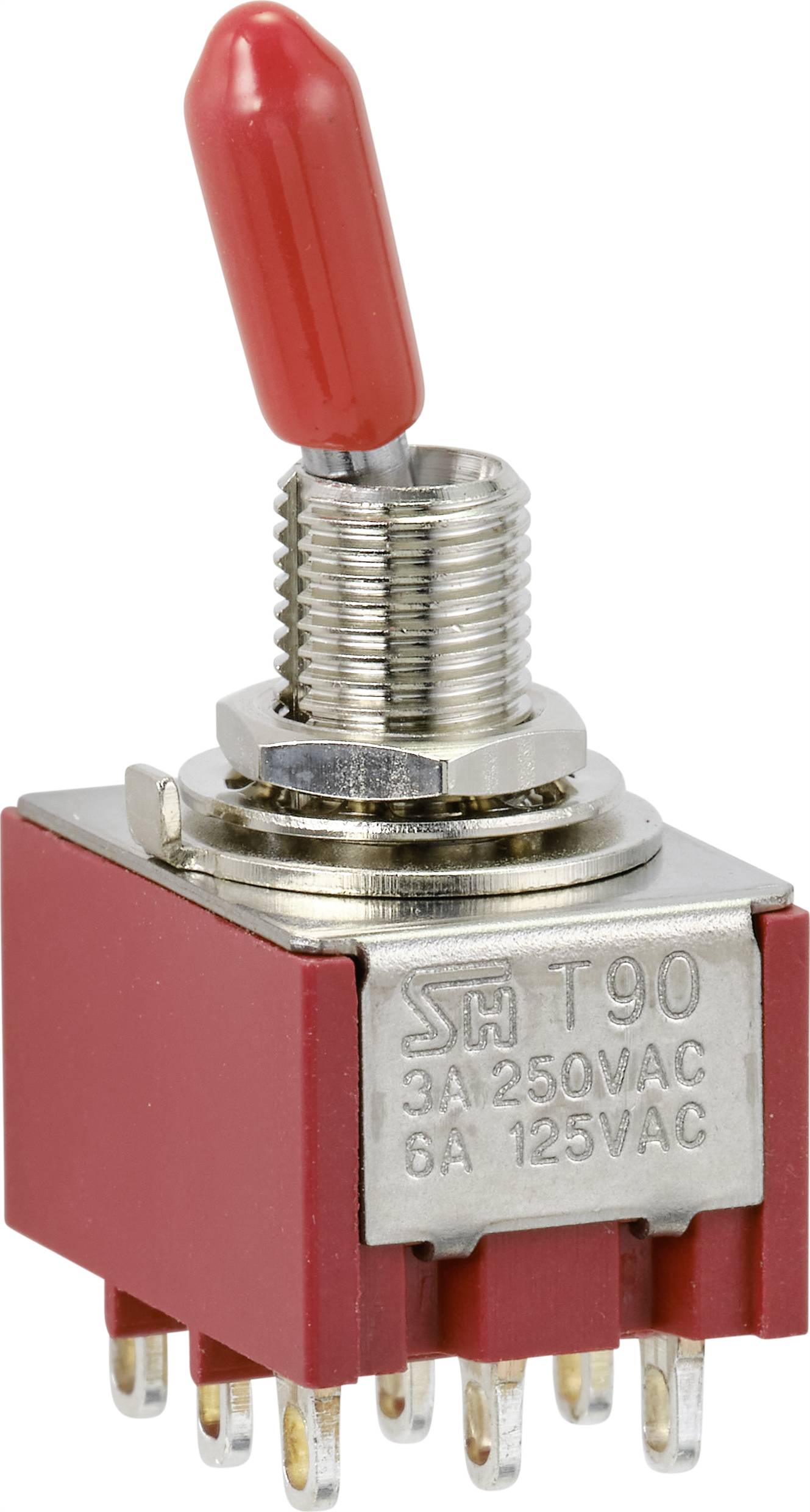 Red toggle switch with metal thread and electrical contacts, marked with '3A 250VAC, 6A 125VAC'.