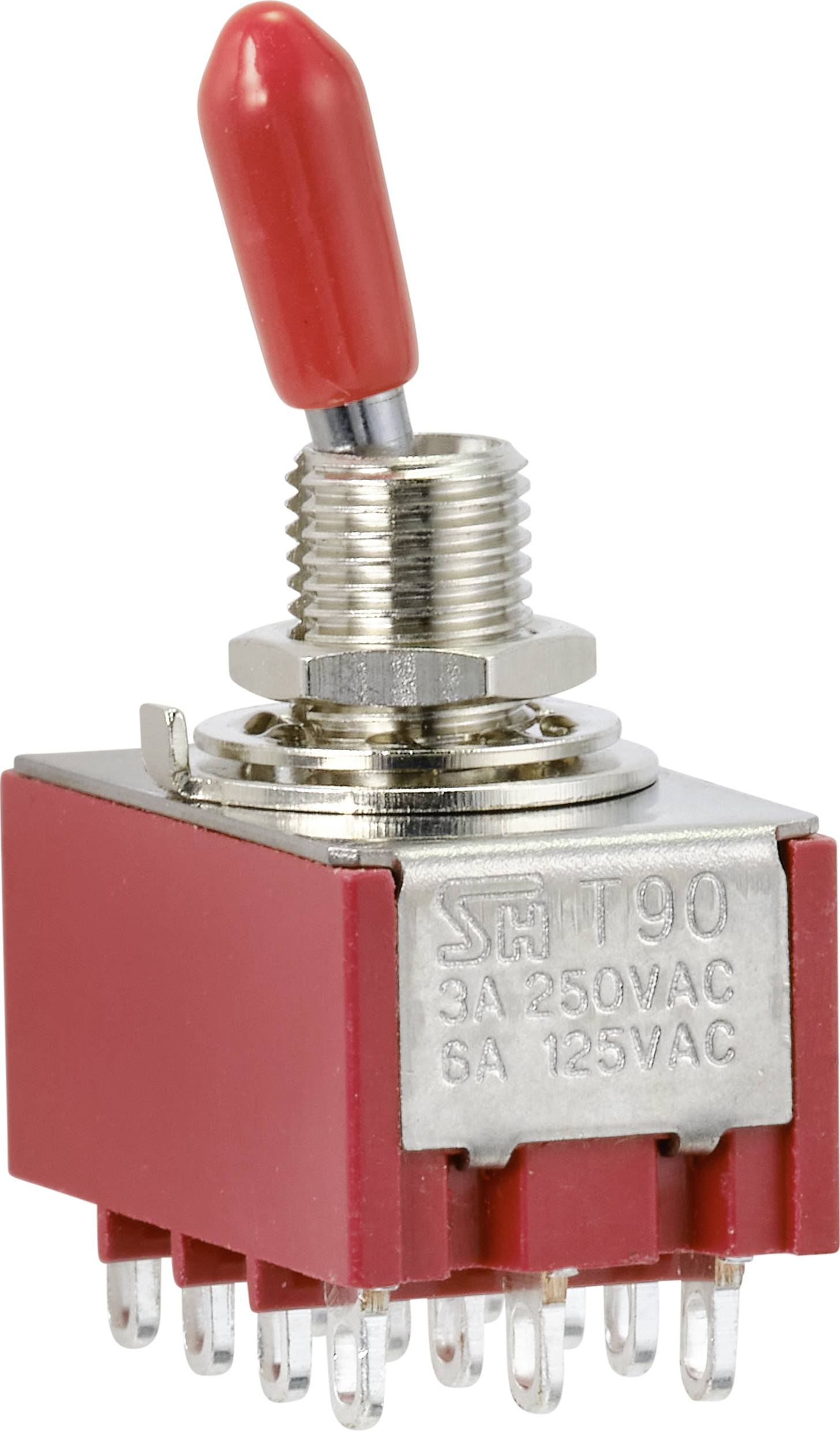 A red toggle switch with multiple connection pins, suitable for 3A 250VAC or 6A 125VAC.