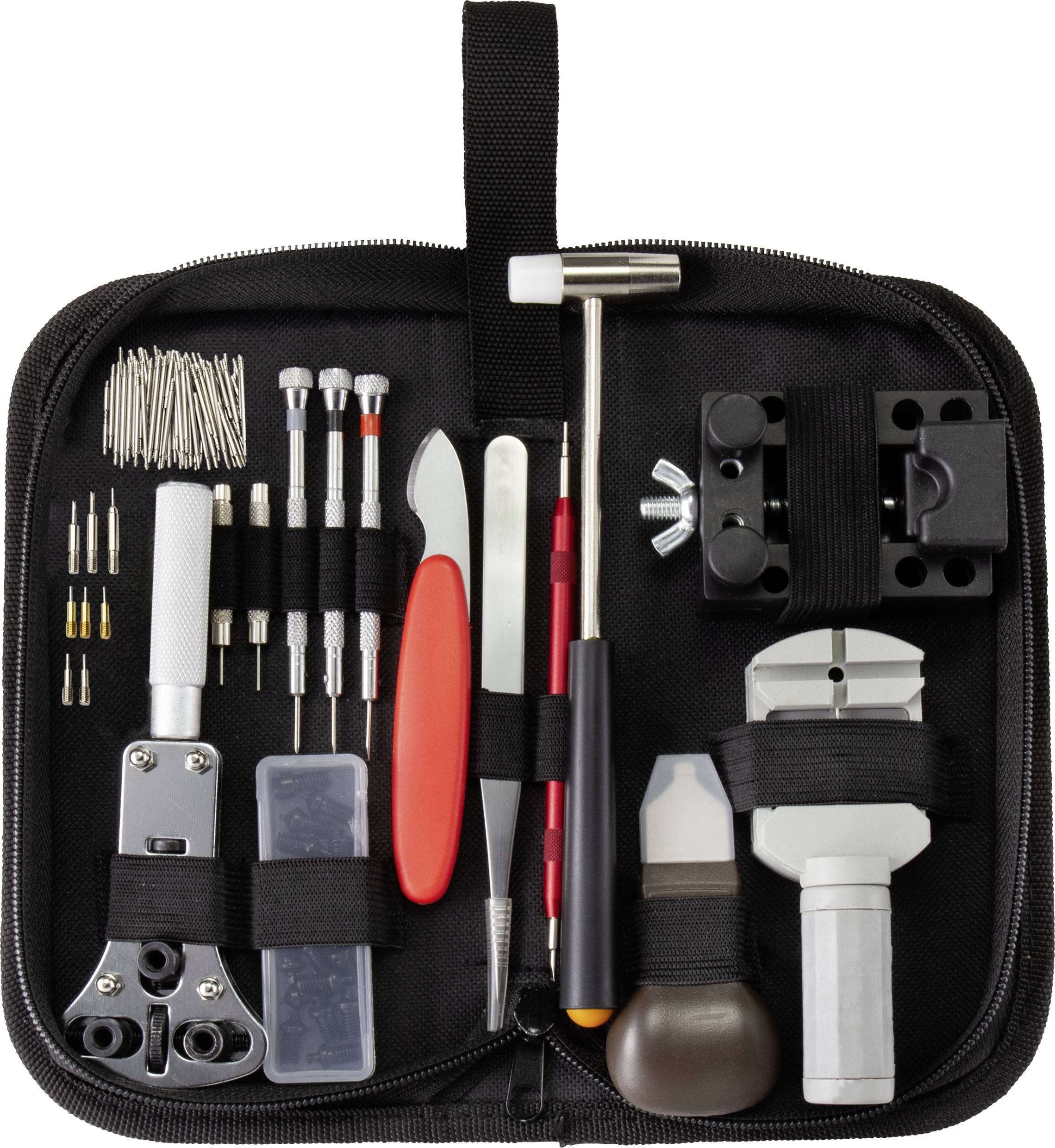 A set of watchmaker tools in a black case, including various screwdrivers, a hammer, metal pins, and special holders.