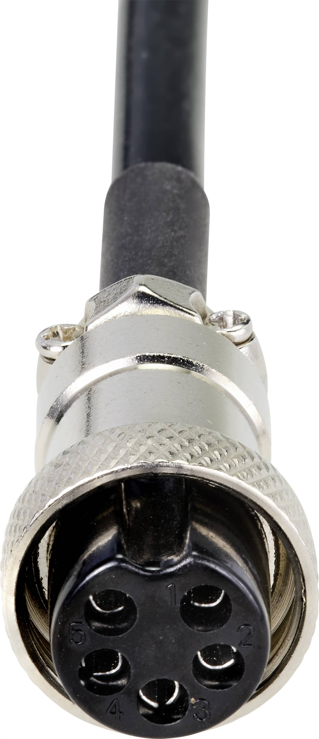 A round, metallic plug with six pins on a cable. Used for electronic connections.