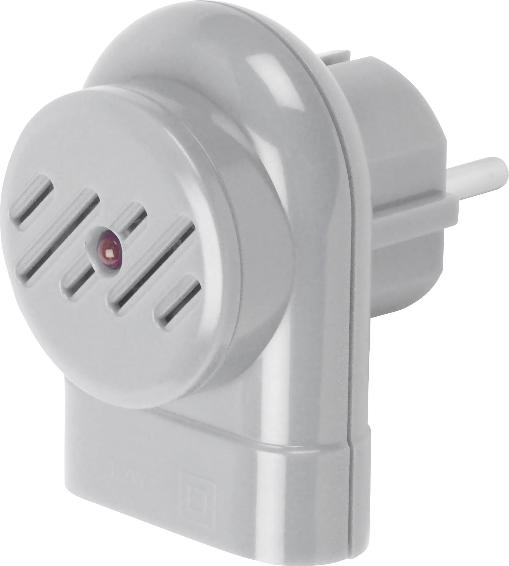 A grey electronic device plug with ventilation slots and a red indicator light on the front.