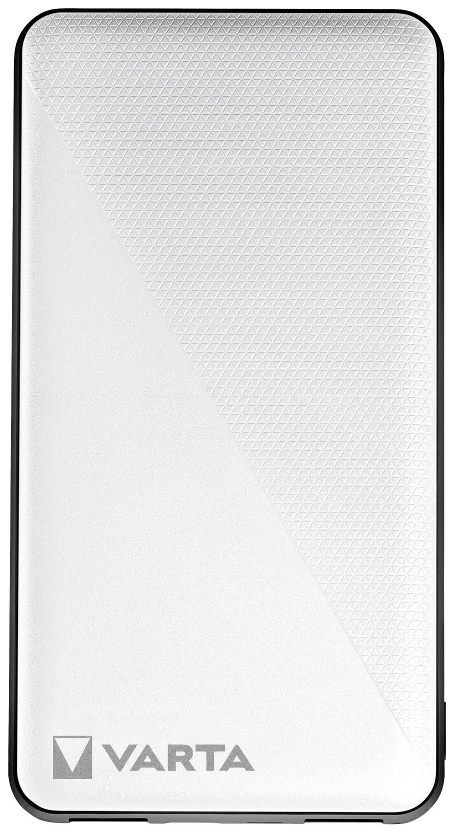 Portable power bank by Varta in white with a textured surface. The brand name 'Varta' is visible in the bottom left.