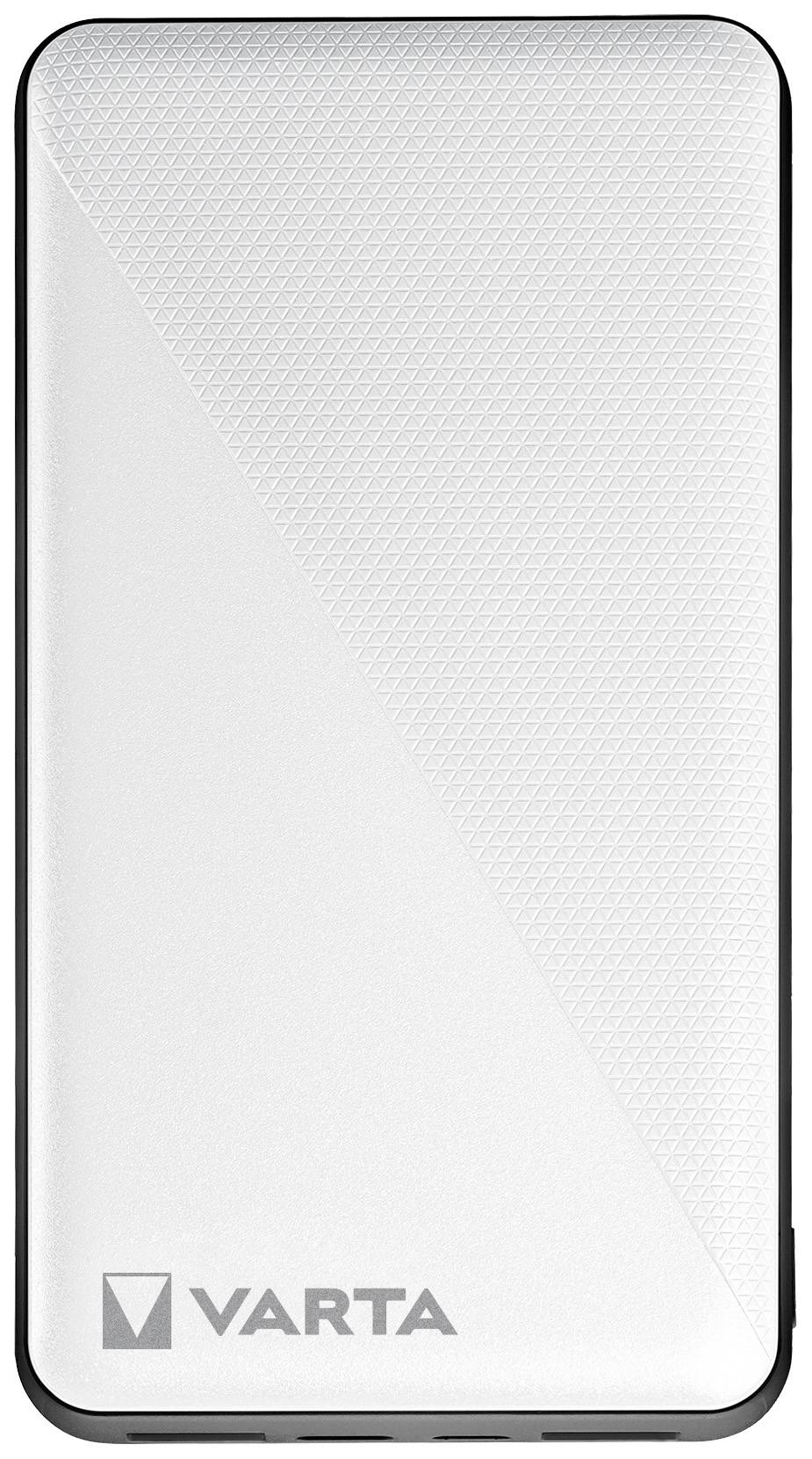 Portable power bank with a silver design and brand logo in the bottom left corner. Helps charge devices while on the move.