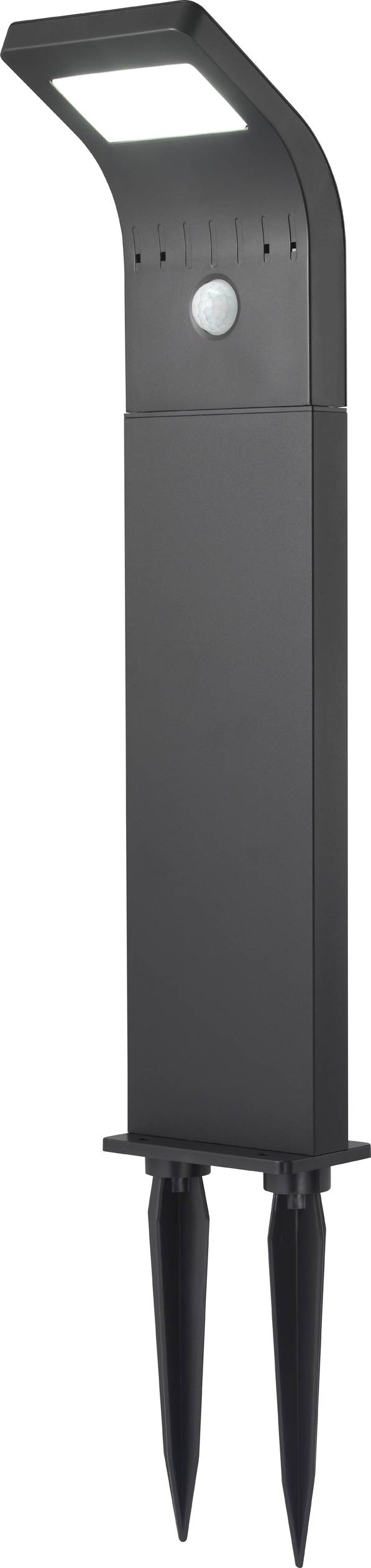 Black outdoor light with contemporary design, integrated motion sensor and two ground stakes for securing in the ground.