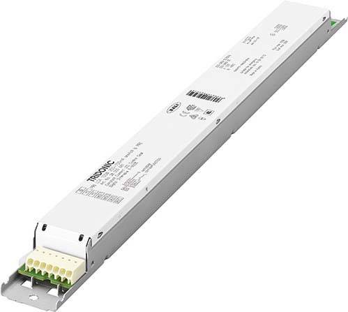 A white, elongated LED driver with technical specifications and manufacturer logo on the top surface. Suitable for lighting control systems.