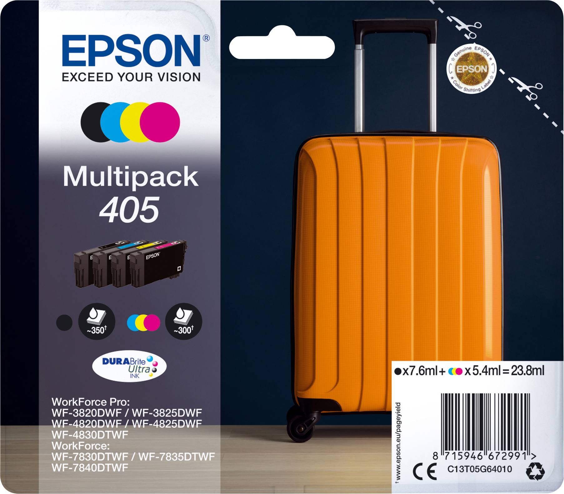 'EPSON Multipack 405' packaging with four printer cartridges, image of an orange case, compatible with WF and WF printers.
