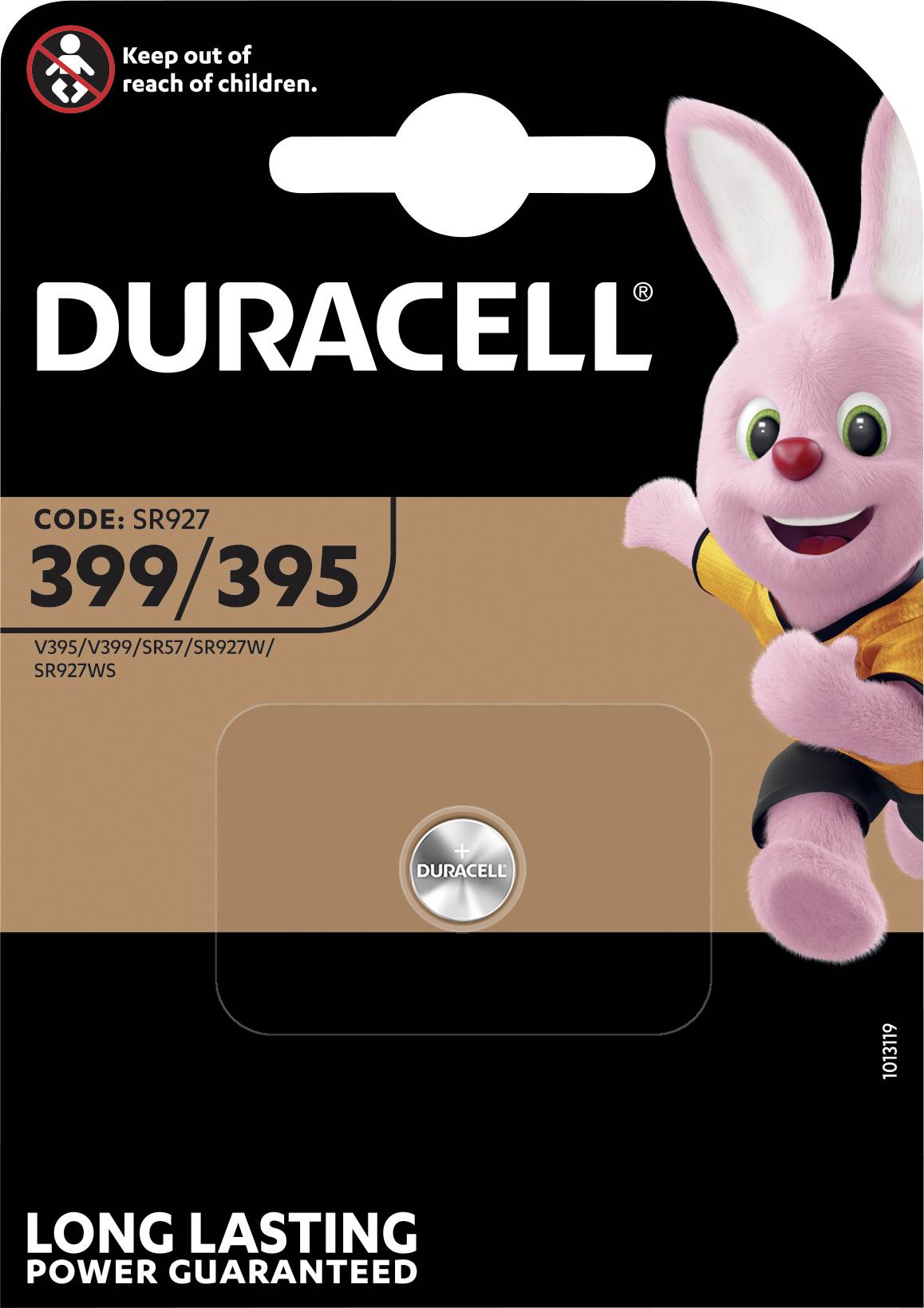 'Duracell 399/395 Battery, Code SR927, for V395/V399/SR57/SR927W/SR927SW.' Cartoon rabbit jumping on the right, 'LONG LASTING POWER GUARANTEED'.