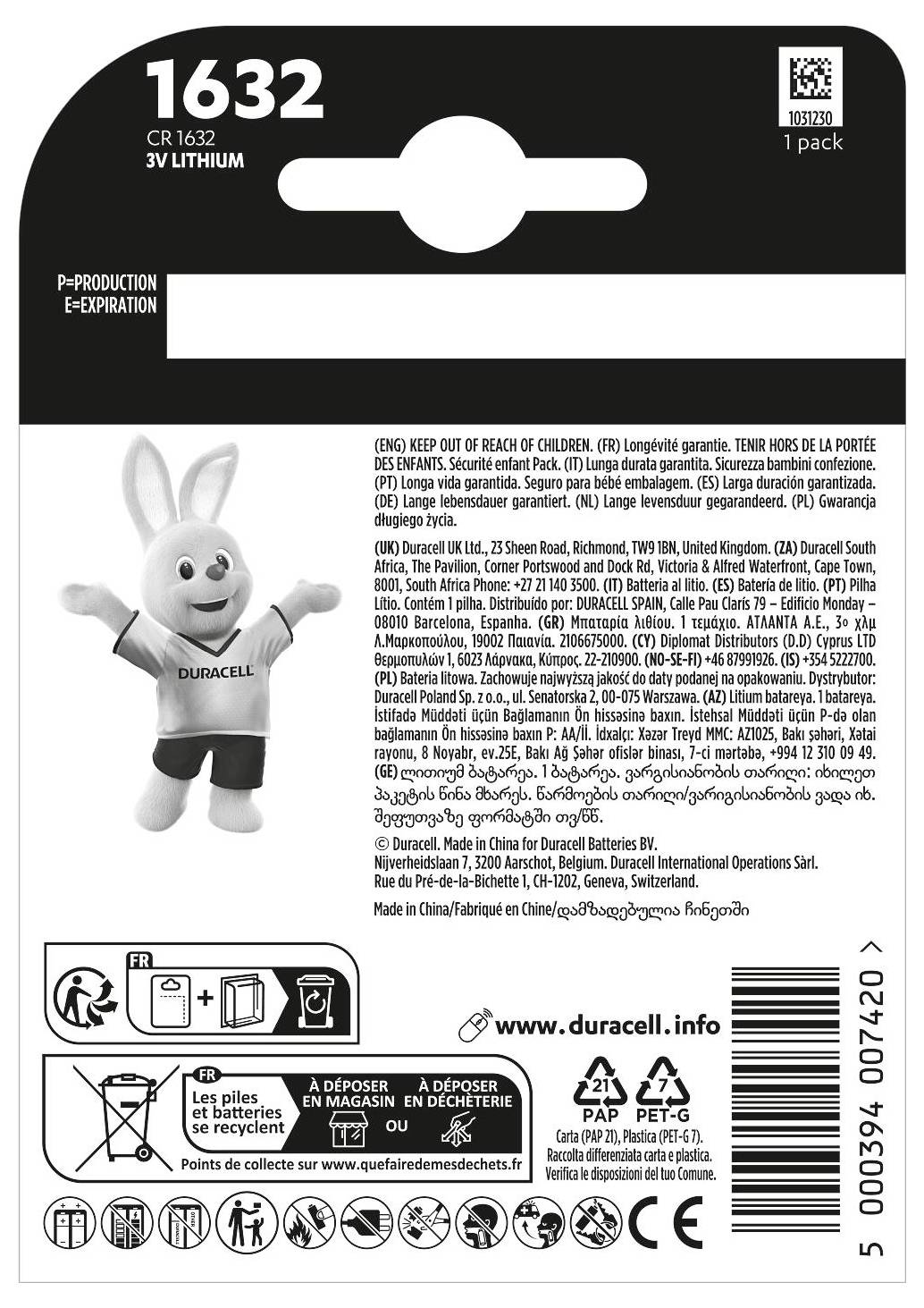 A battery packaging displaying '1632 CR 1632 3V Lithium' at top, with safety instructions, recycling symbols, and a cartoon rabbit mascot.