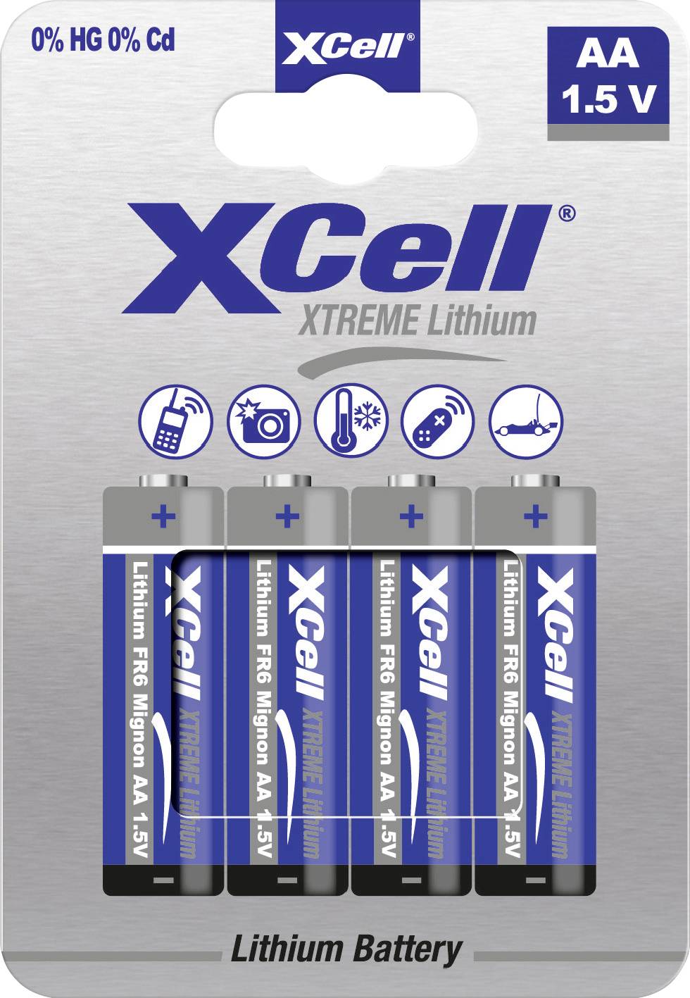 Five XCell XTREME Lithium AA 1.5V batteries in one package, suitable for cameras, toys, torches, and remote controls.