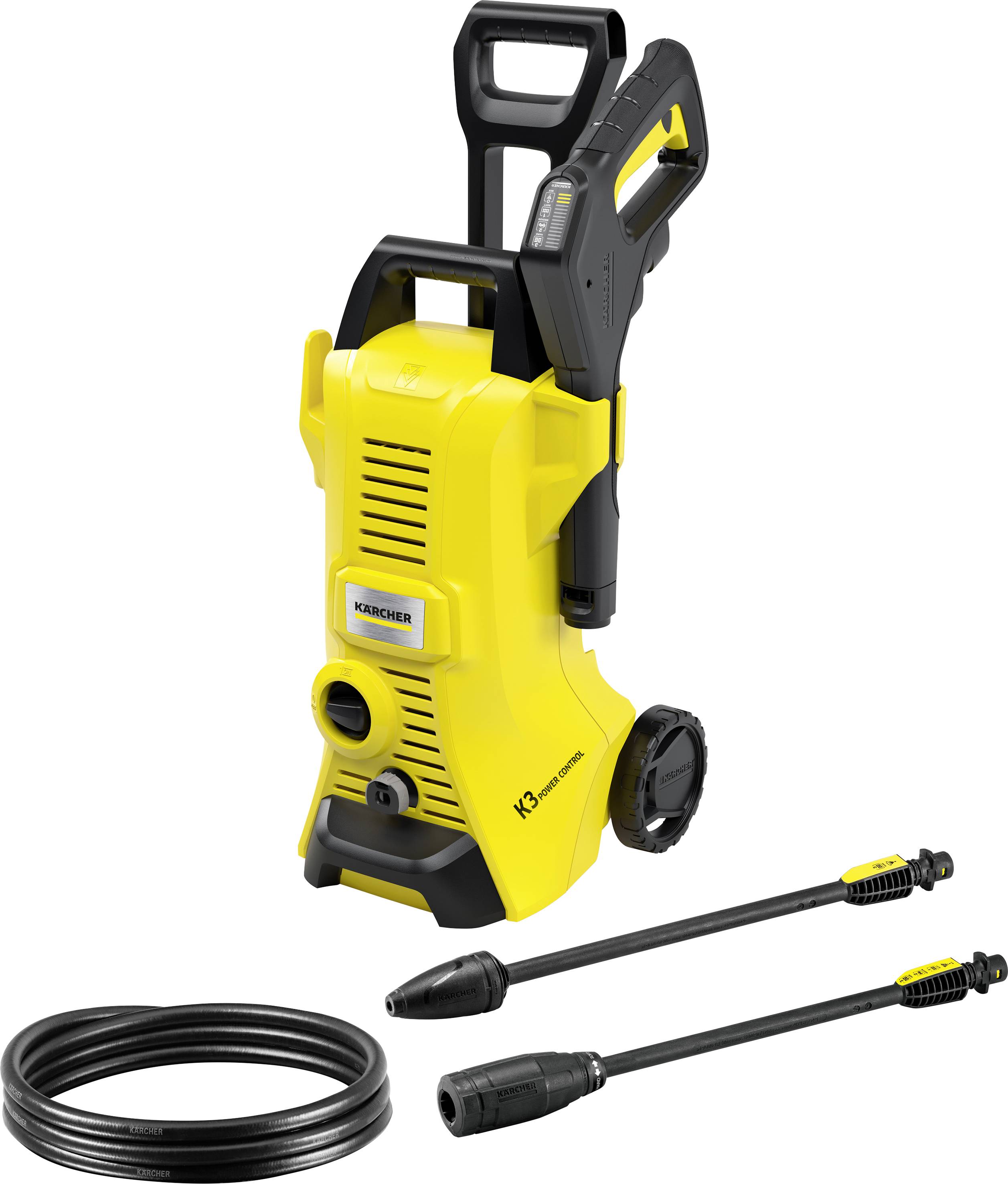 Yellow high-pressure cleaner with a black handle, two nozzles and hose. Suitable for cleaning surfaces and vehicles.