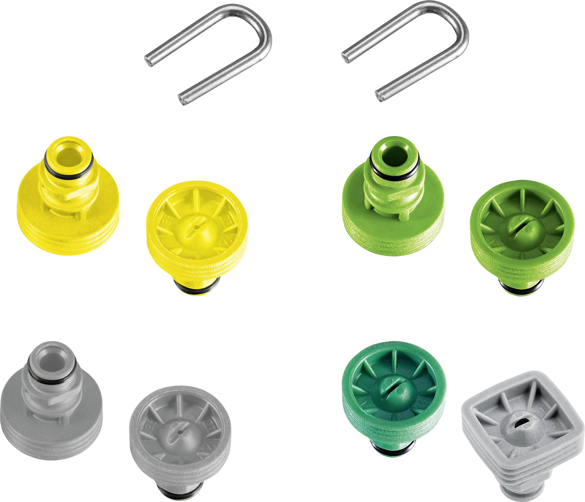 Several coloured nozzle attachments and clips in various colours, arranged in rows. Upper area without nozzle caps.