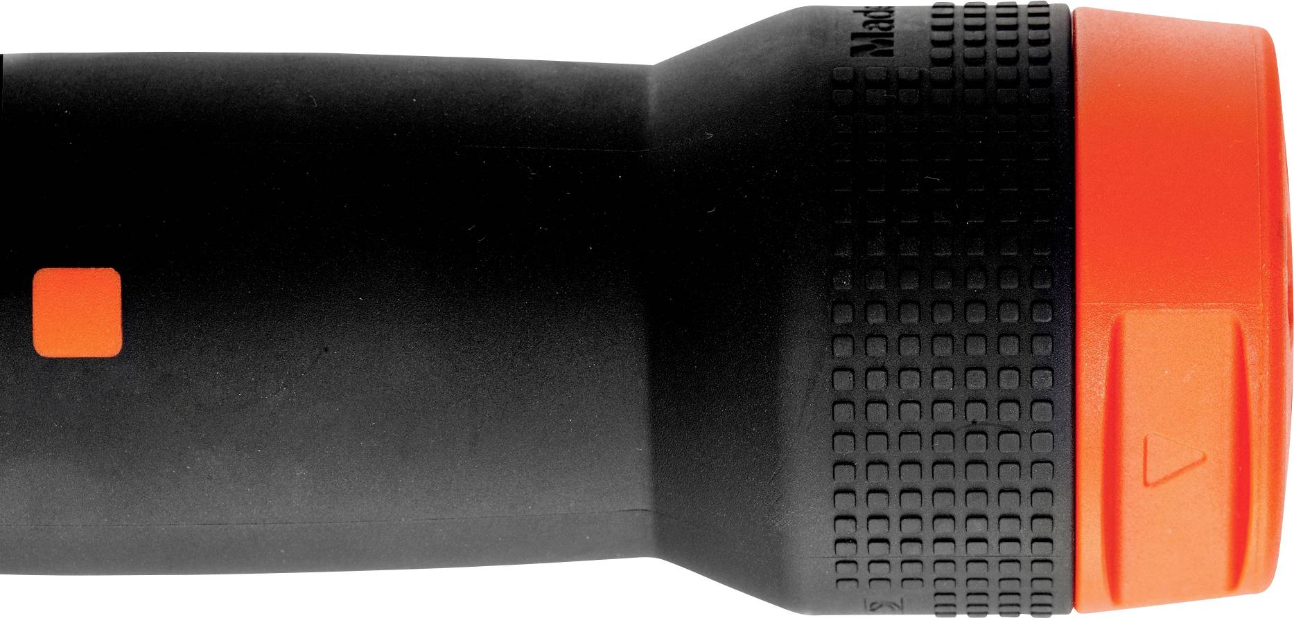 Black torch with red head and textured grip for secure handling. Ideal for low-light situations.