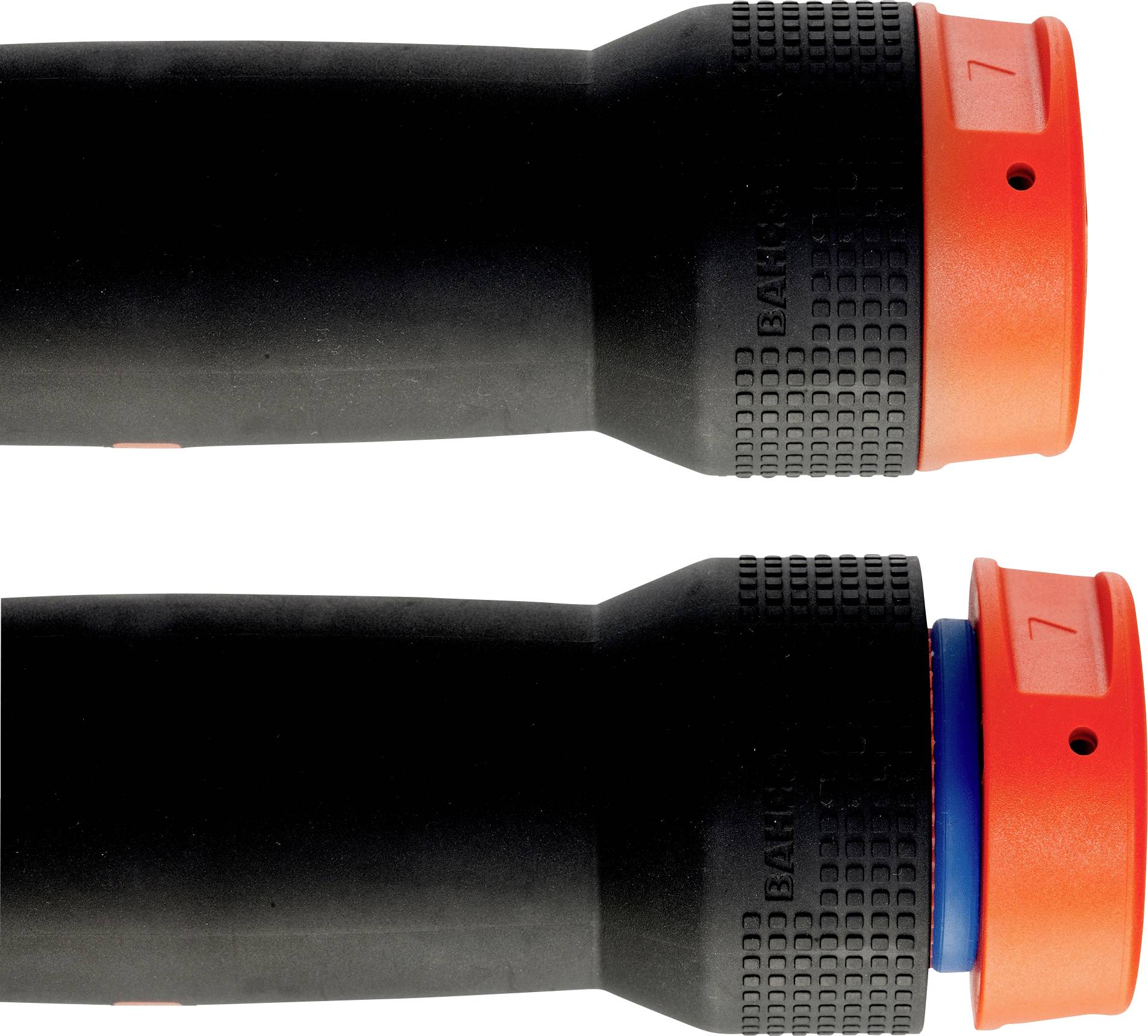 Two black hose connectors with red and blue rings, showing coupling parts for garden hoses.