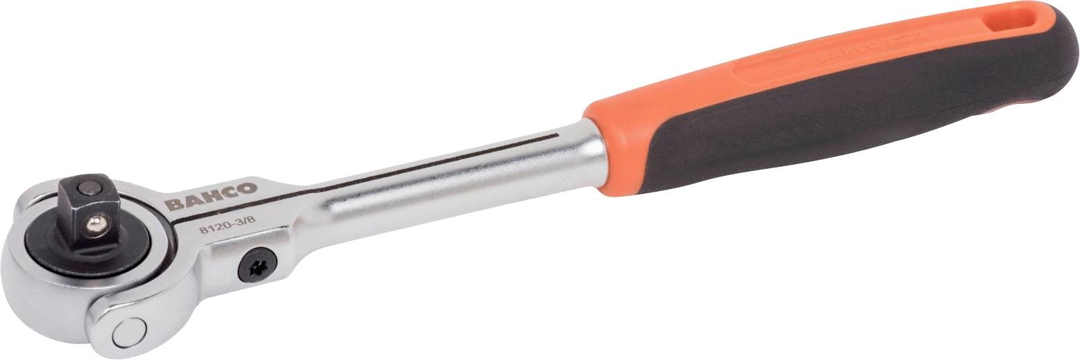 Ratchet with orange and black rubber grip, metal head; brand name 'Bahco' visible on the side.