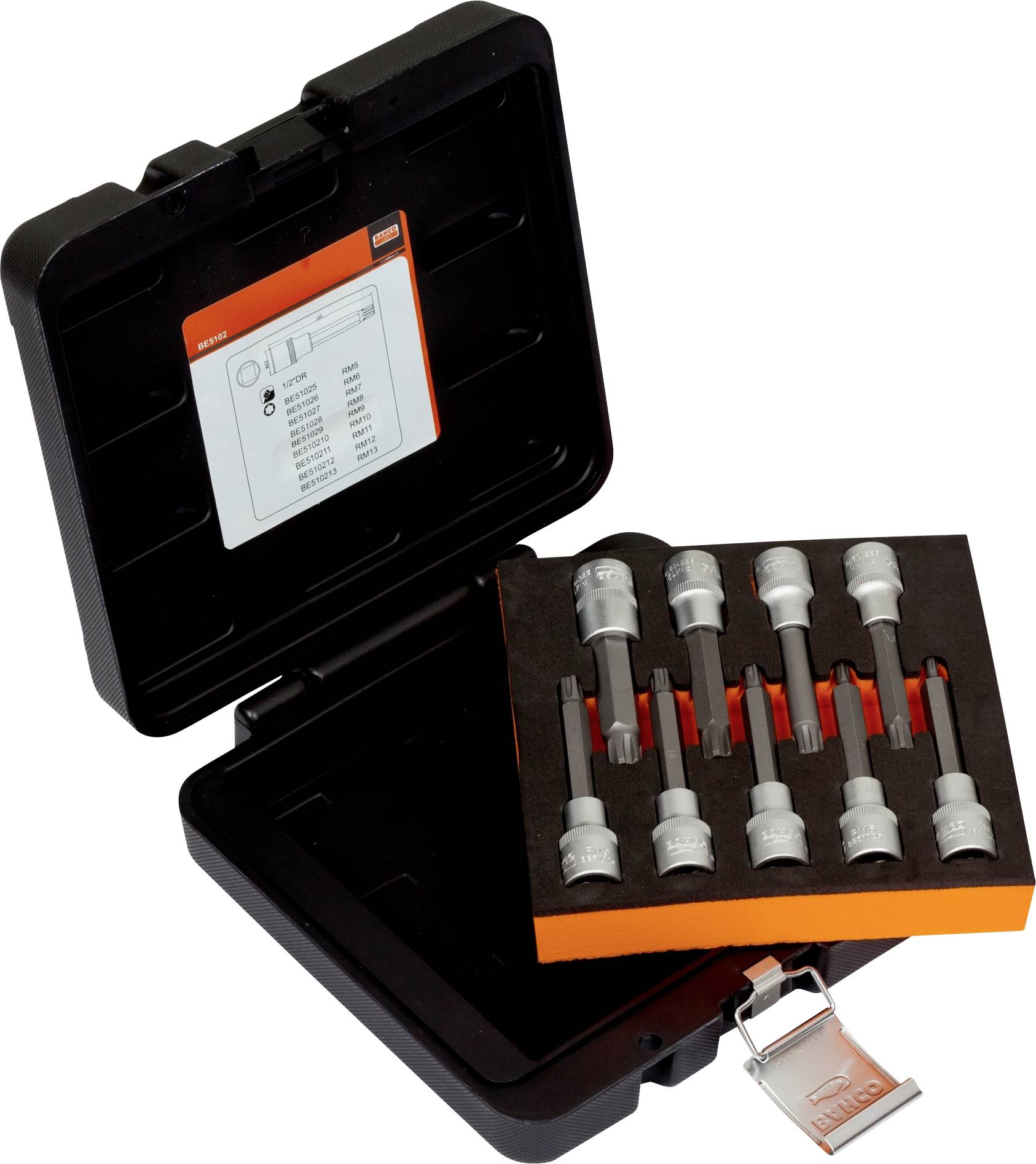 Image of an open toolbox with seven socket wrenches in various sizes, neatly arranged and labelled.