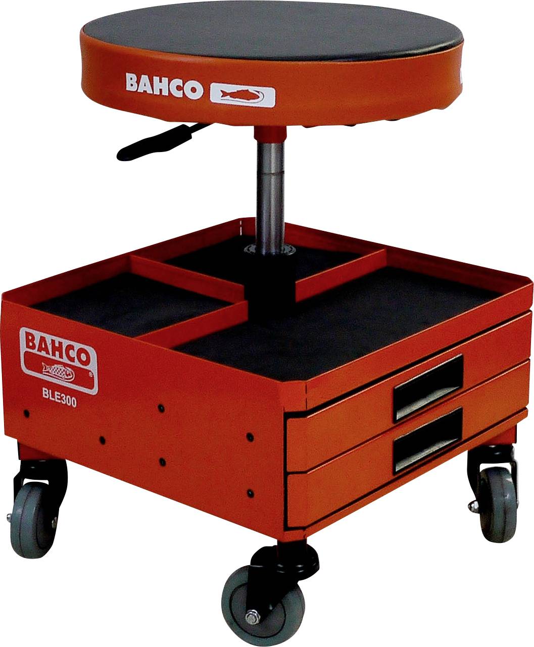 Workshop stool on castors with an adjustable seat and two drawers underneath. 'Bahco' brand name on seat and side.