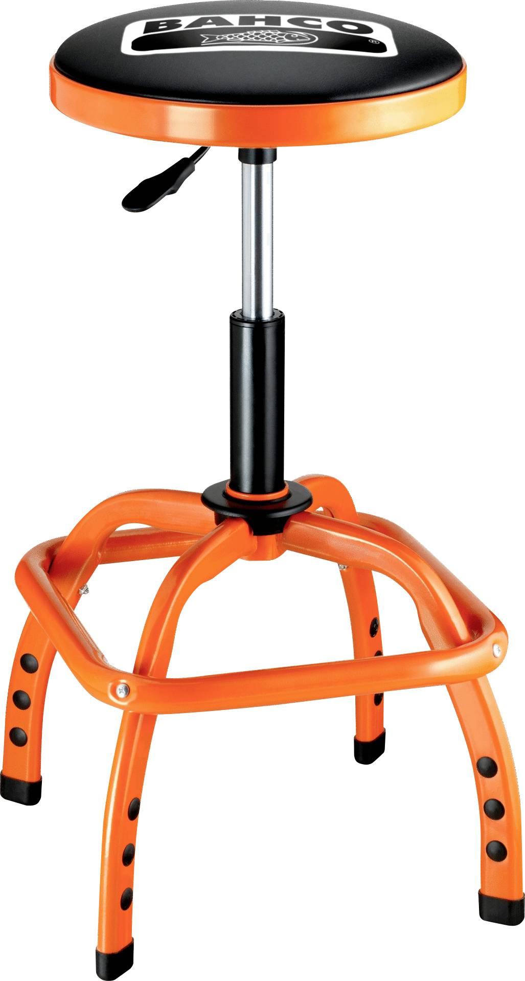 An orange stool with a round padded seat, adjustable height, and sturdy metal legs.