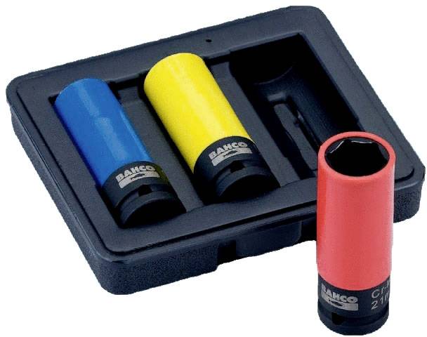 Set of three coloured drawing pins in a black storage box, each in blue, yellow and red, marked with sizes.