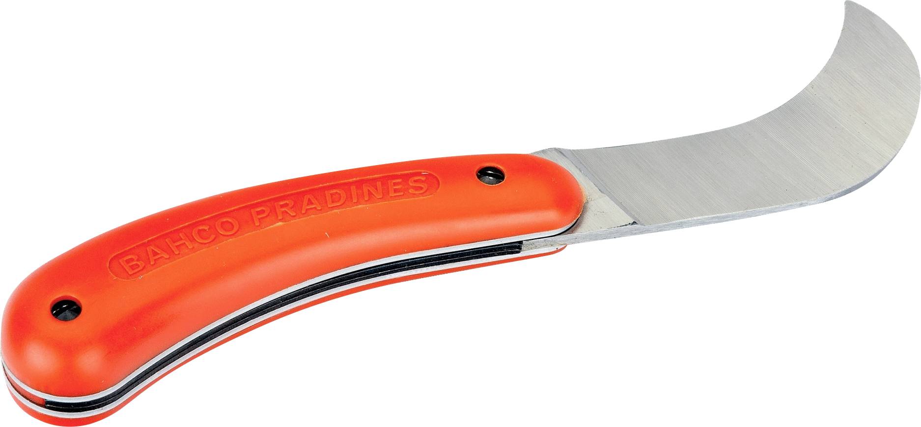A curved pruning knife with an orange handle, suitable for trimming plants.